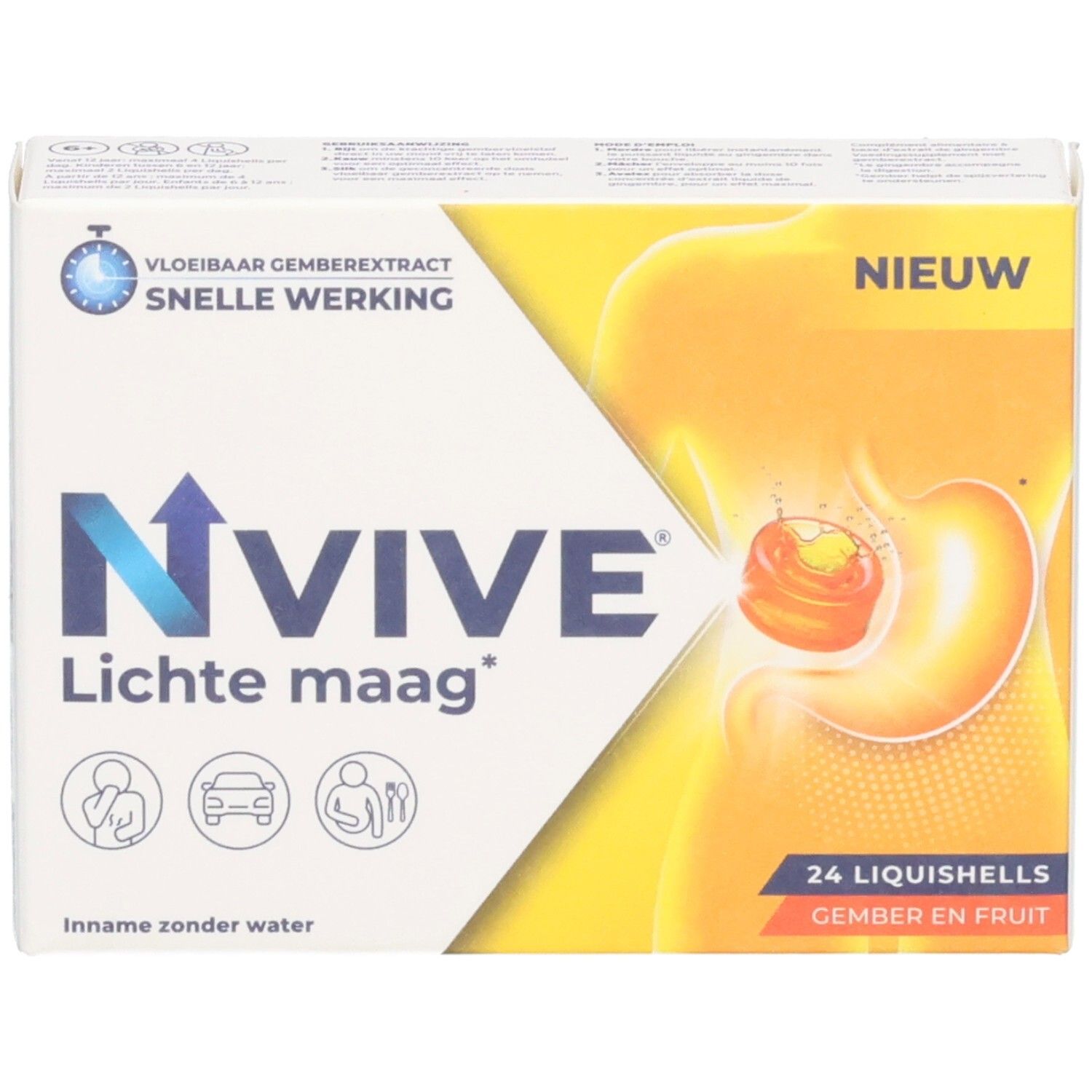 Schachtel mit NVIVE Lichte maag*. Enthält 24 Liquishells. Aufschrift: Vloeibaar gemberextract, snelle werking. Mit Illustration.