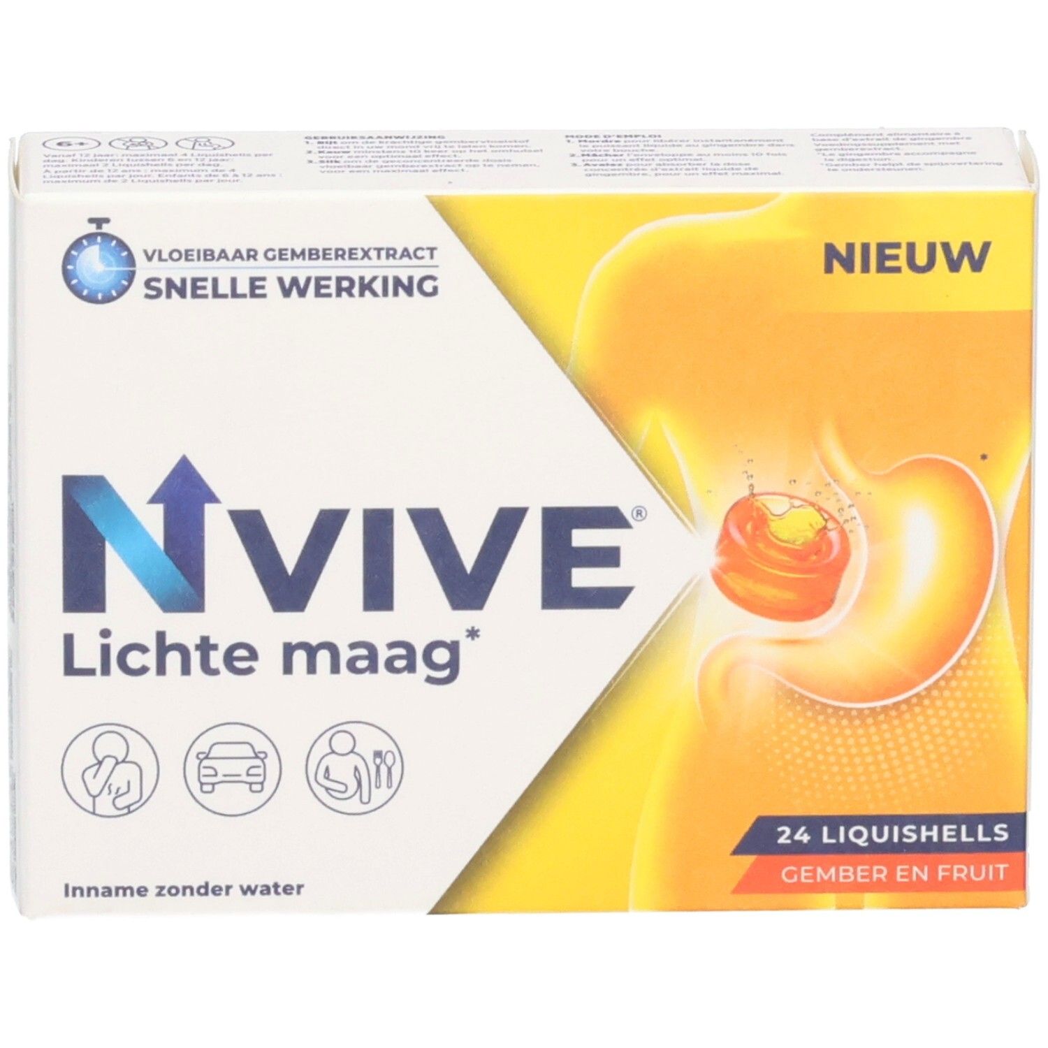 Schachtel mit NVIVE Lichte maag*. Enthält 24 Liquishells. Aufschrift: Vloeibaar gemberextract, snelle werking. Mit Illustration.