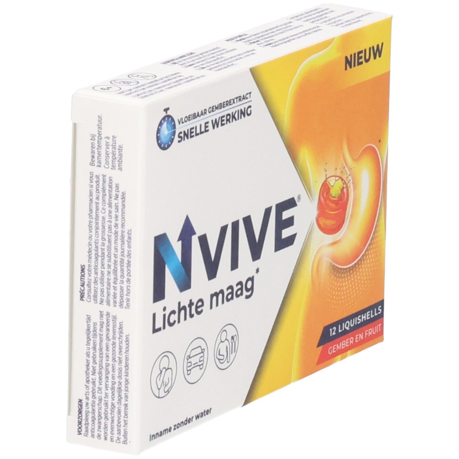 Schräg gestellte Verpackung von NVive Lichte maag. Enthält 12 Liquishells. Aufschrift: Vloeibaar gemberextract, snelle werking. Illustration des Magens.