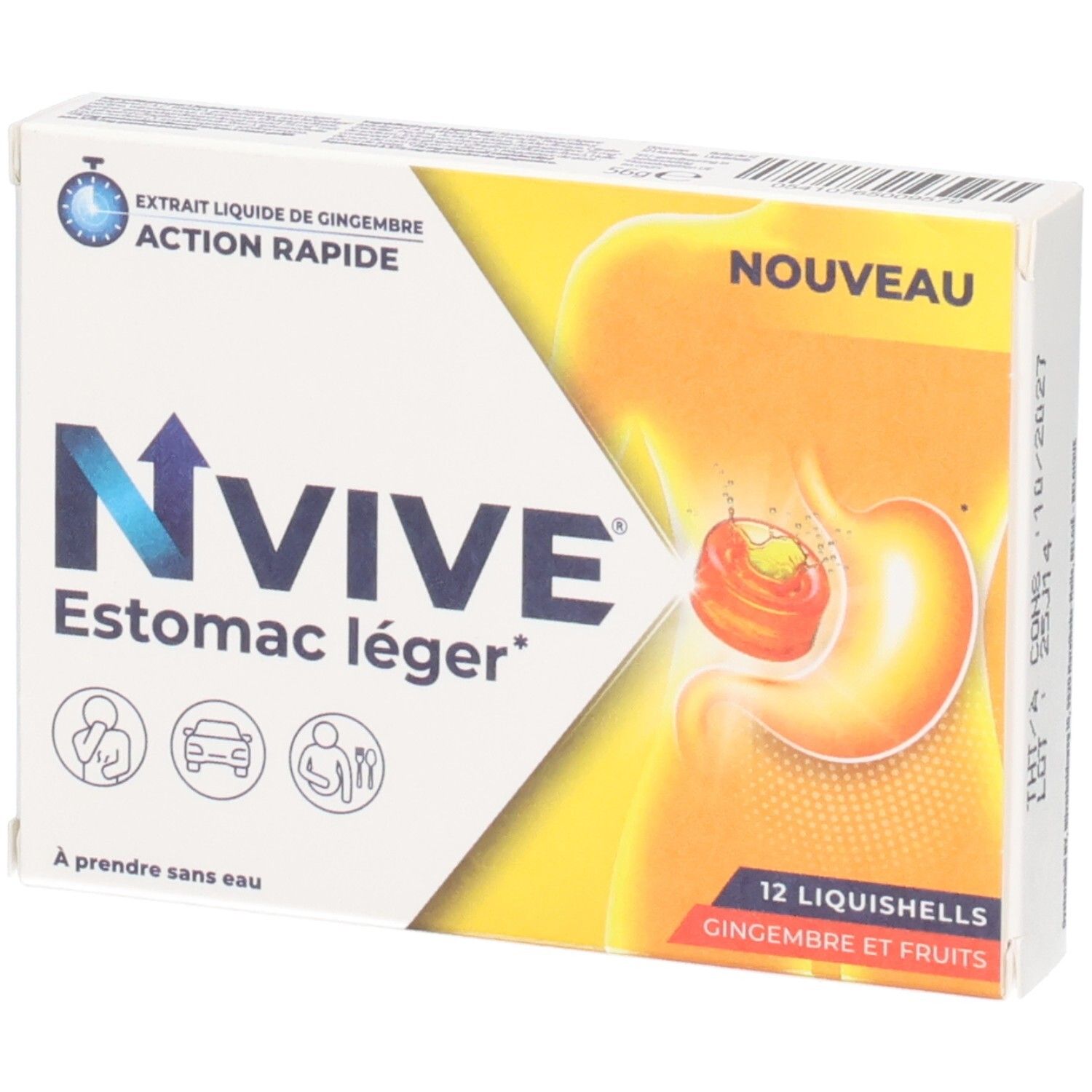 Verpackung von NVive Estomac léger. Enthält 12 Liquishells. Aufschrift: Extrait liquide de gingembre, action rapide. Illustration des Magens.
