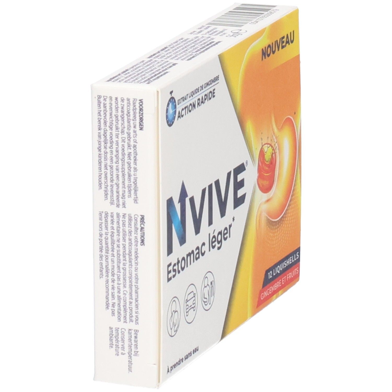 Schräg gestellte Verpackung von NVive Estomac léger. Enthält 12 Liquishells. Aufschrift: Extrait liquide de gingembre, action rapide. Illustration des Magens.