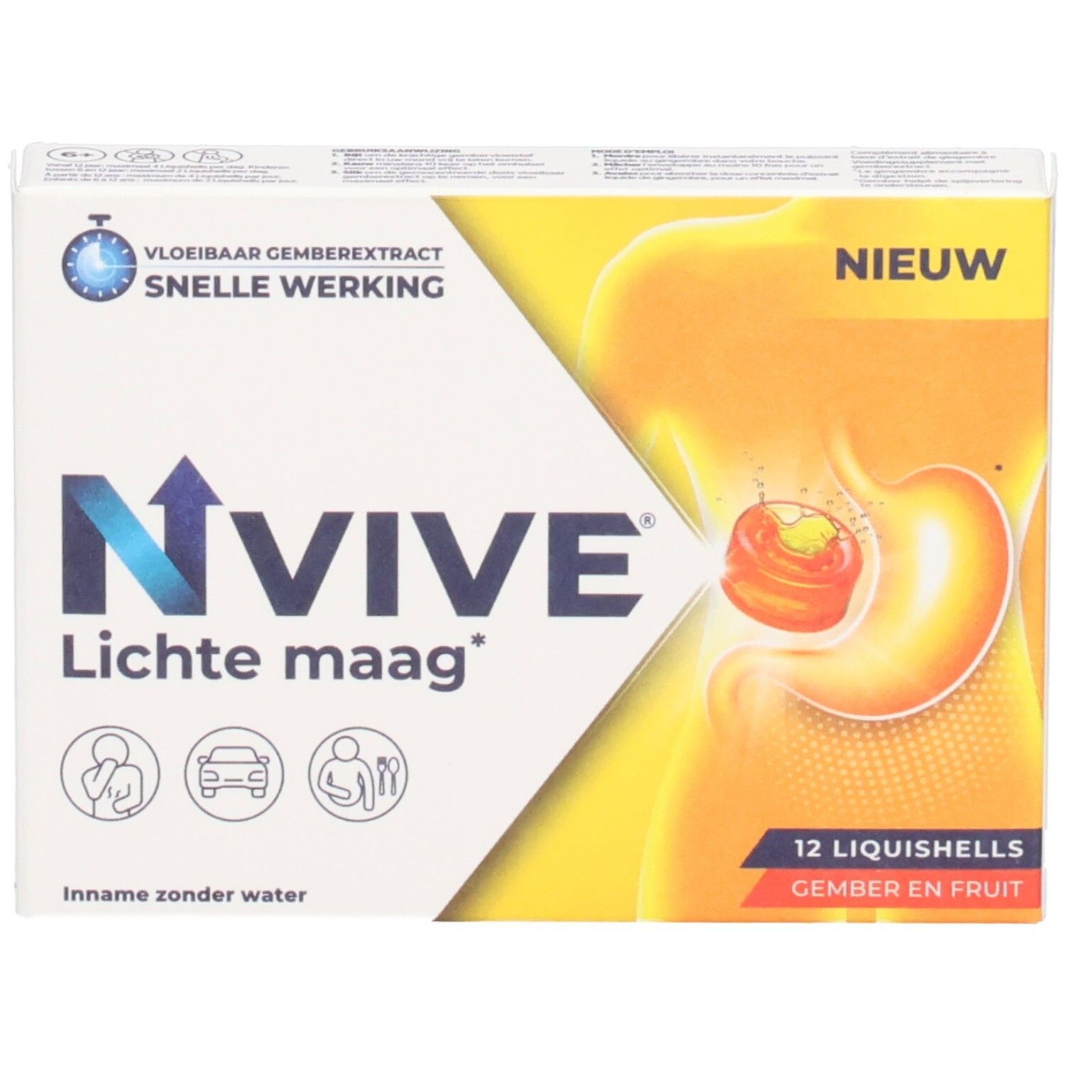 Verpackung von NVive Lichte maag. Enthält 12 Liquishells. Aufschrift: Vloeibaar gemberextract, snelle werking. Mit Illustration des Magens.