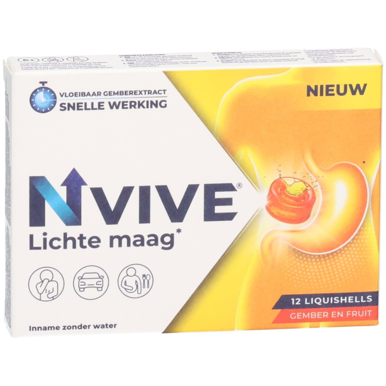 Verpackung von NVive Lichte maag. Enthält 12 Liquishells. Aufschrift: Vloeibaar gemberextract, snelle werking. Mit Illustration des Magens.