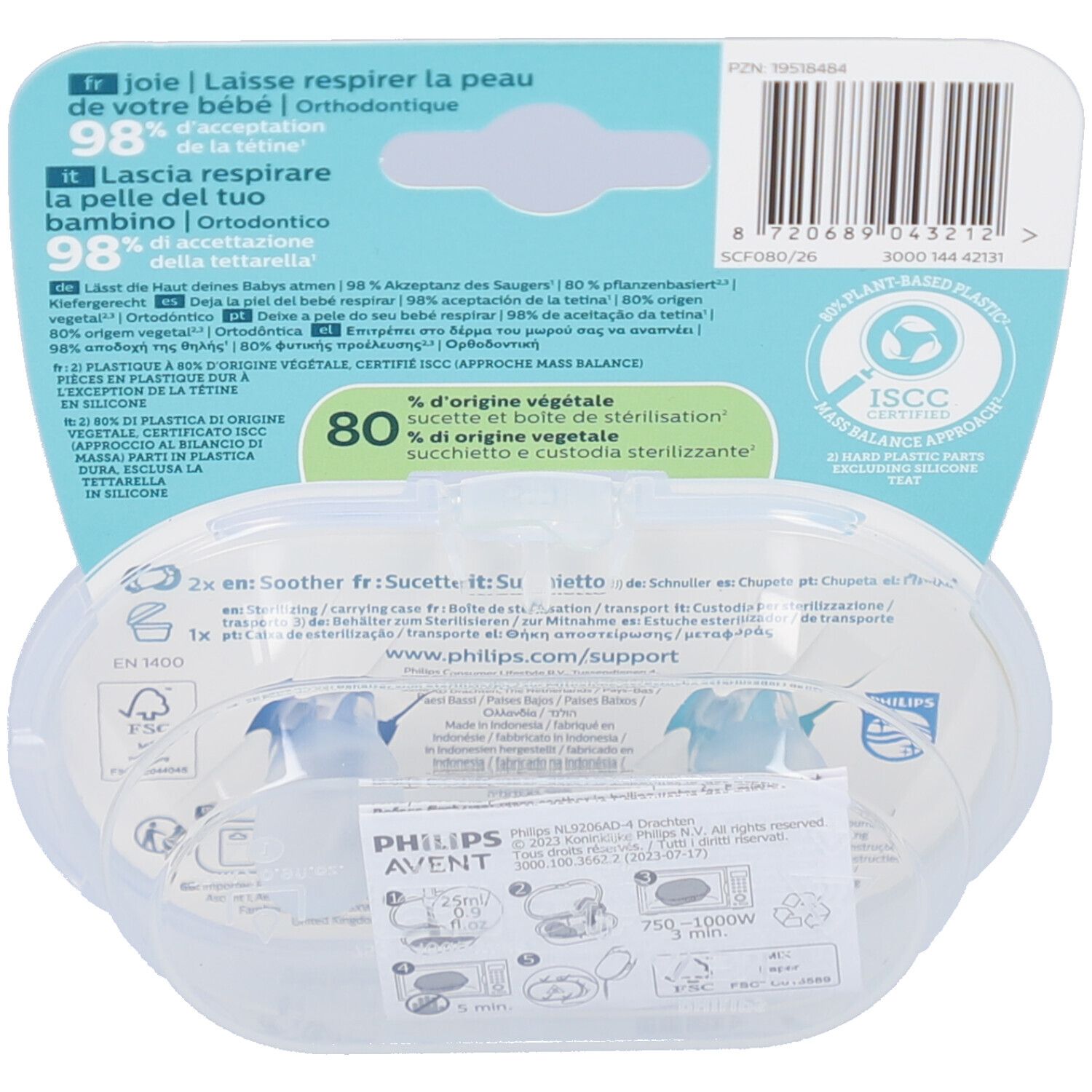 Rückseite der Verpackung mit Produktinformationen. Text in mehreren Sprachen. Zertifizierungen und Logos sind sichtbar.