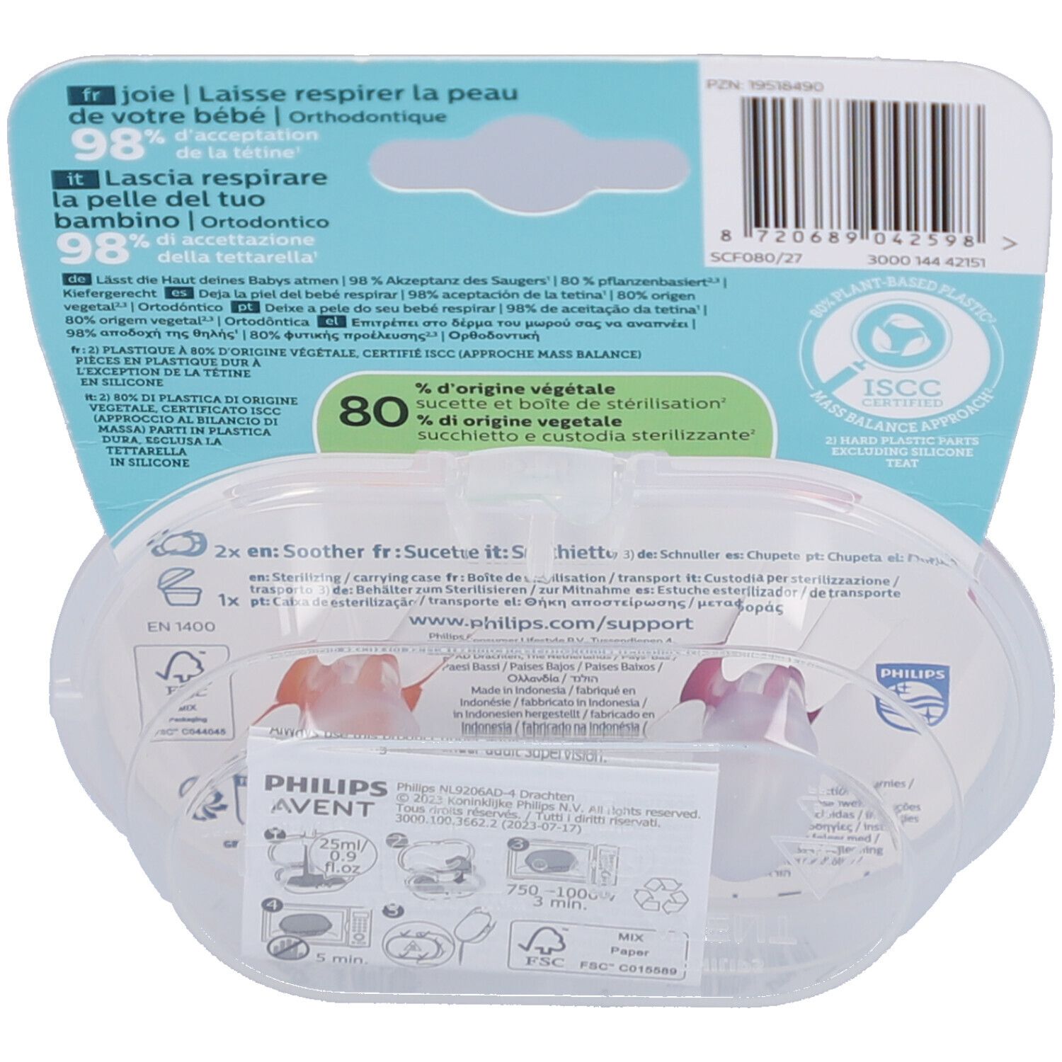 Rückseite der Verpackung mit Produktinformationen. Zwei Schnuller in einer transparenten Hülle. Text in mehreren Sprachen.