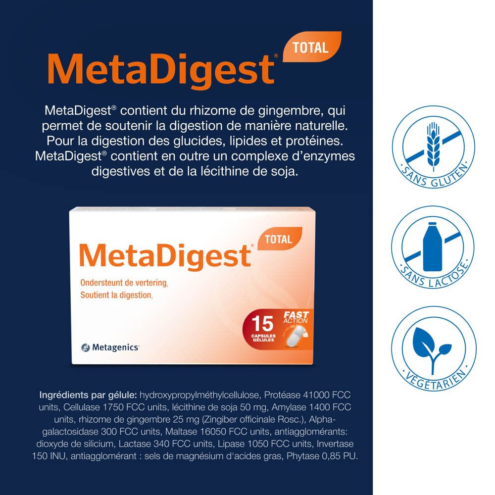Dos de l'emballage MetaDigest Total. Texte en français. Sans gluten, sans lactose, végétalien.
