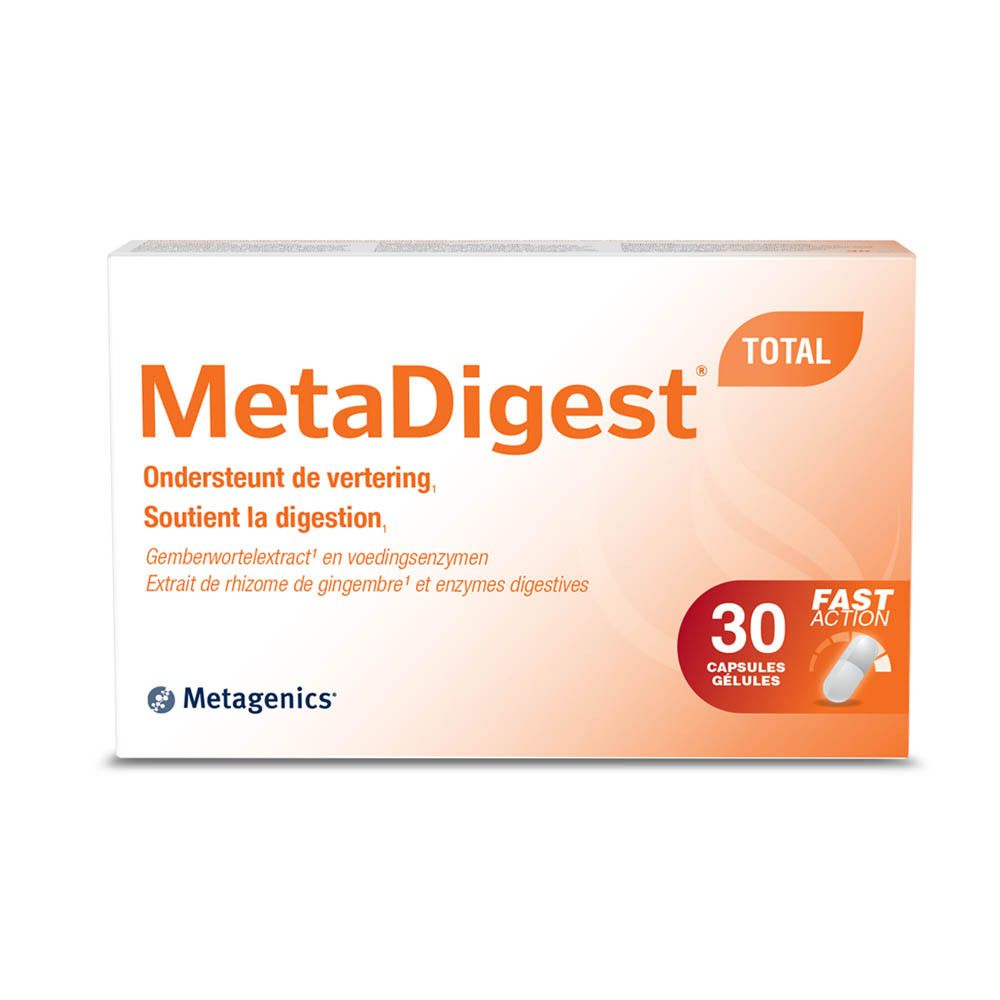 MetaDigest Total-Verpackung. Orangefarbene Schrift auf weißem Hintergrund. 30 Kapseln. Metagenics-Logo.
