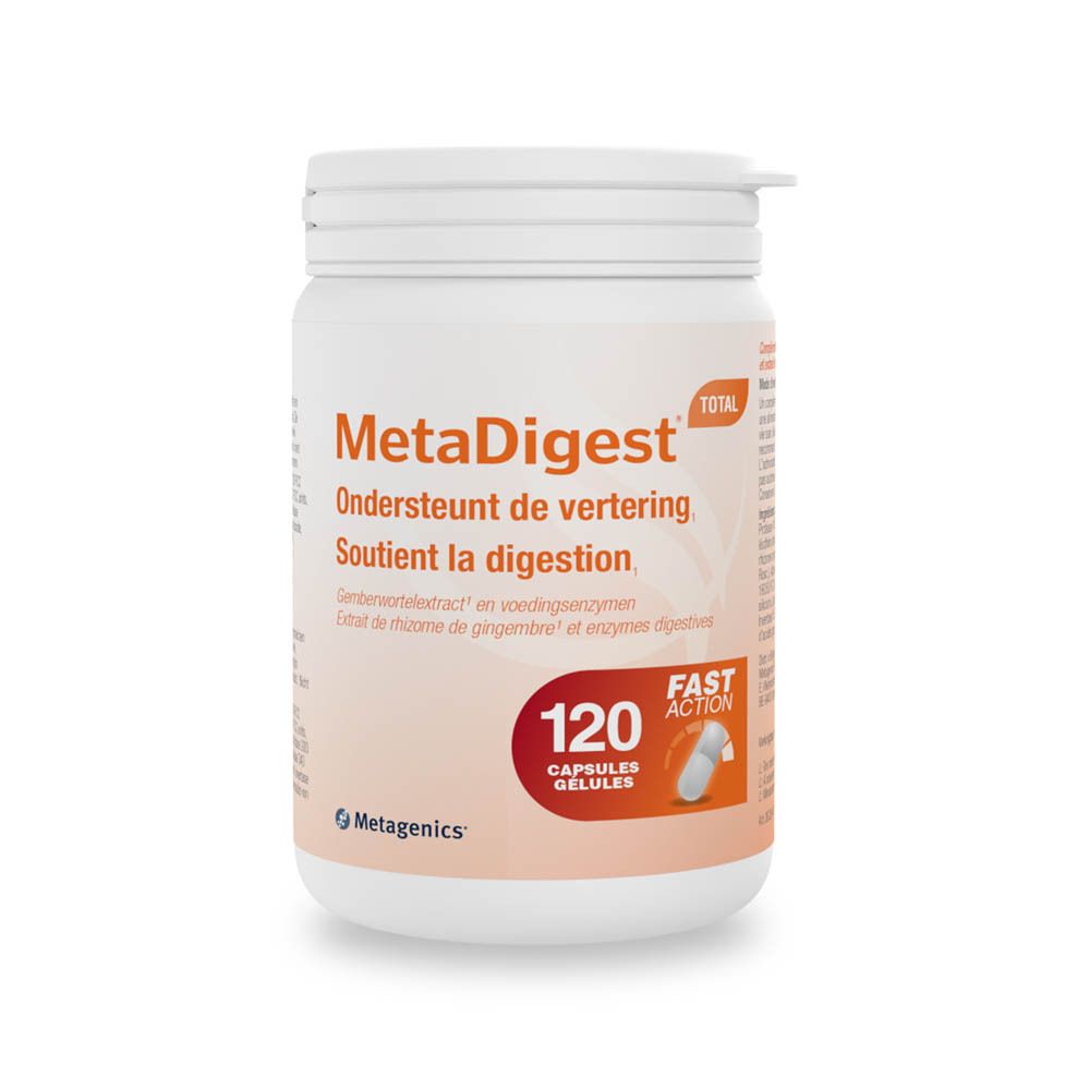 Flacon blanc MetaDigest. 120 gélules. Logo Metagenics. Texte: Ondersteunt de vertering, Soutient la digestion.
