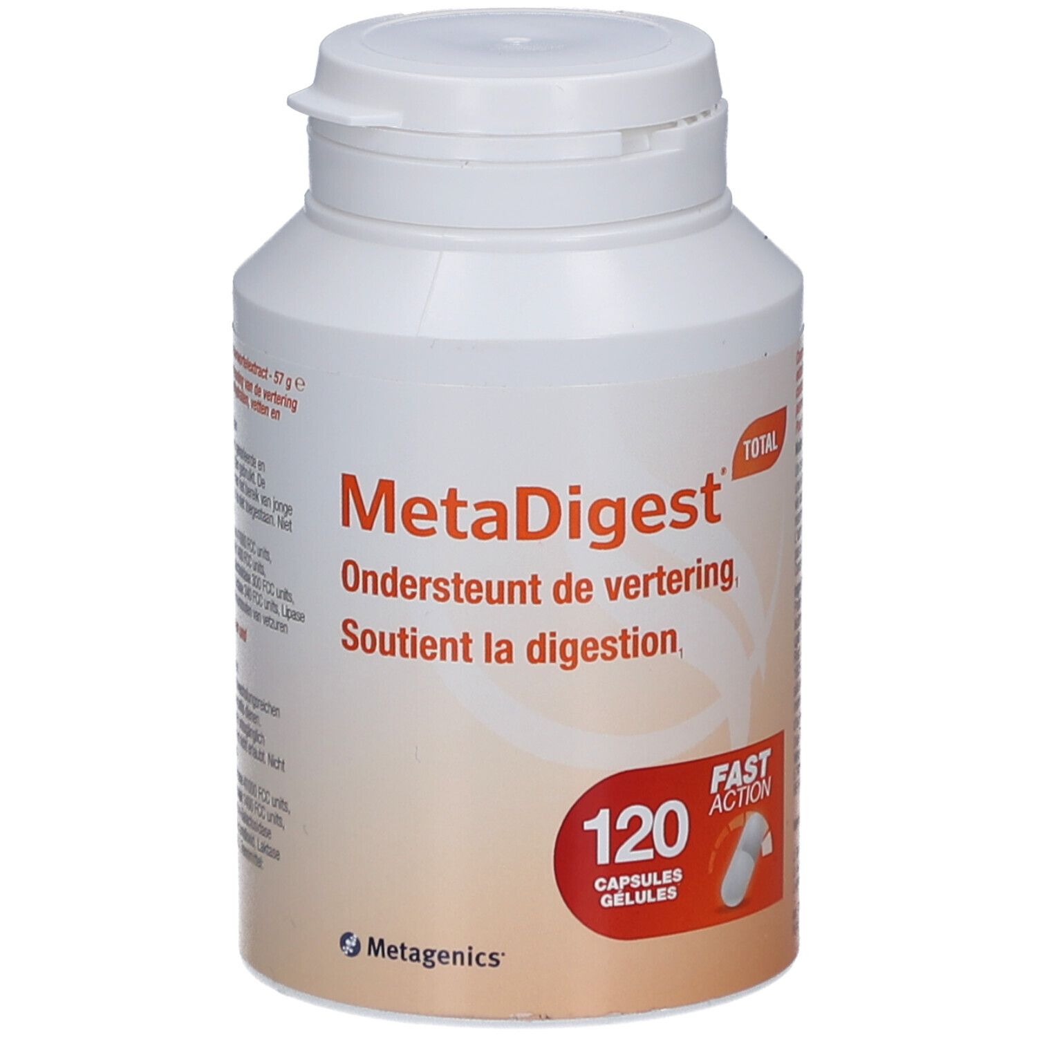 Weiße Flasche mit MetaDigest-Etikett. 120 Kapseln. Metagenics-Logo. Text: Ondersteunt de vertering, Soutient la digestion.