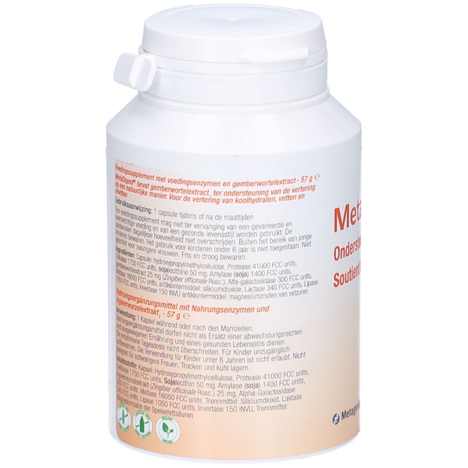 Rückseite der weißen Flasche. Text: MetaDigest, Ondersteunt de vertering, Soutient la digestion. Inhaltsstoffe und Nährwertangaben.