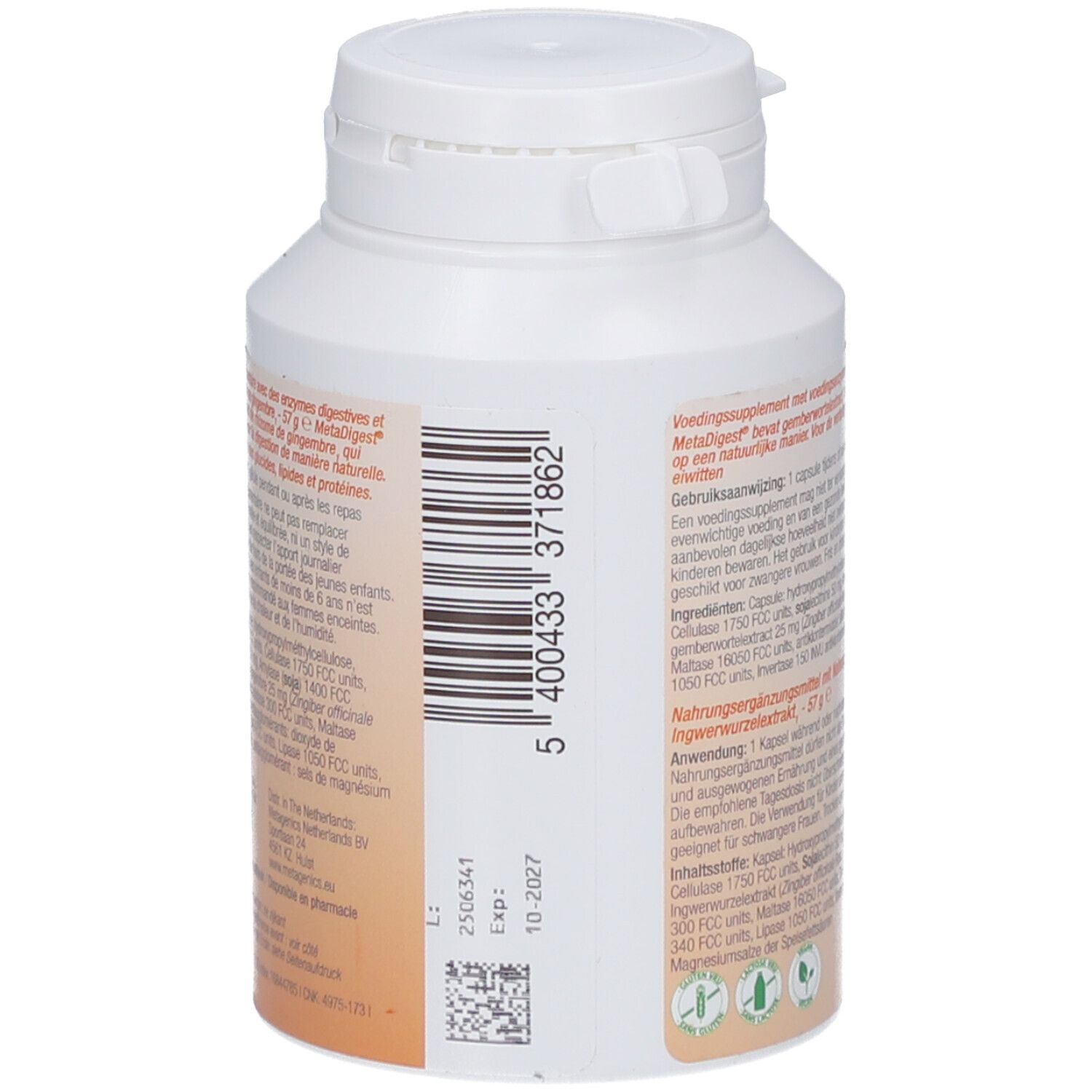 Rückseite der weißen Flasche. Barcode und Verfallsdatum. Text: MetaDigest, Ondersteunt de vertering, Soutient la digestion.