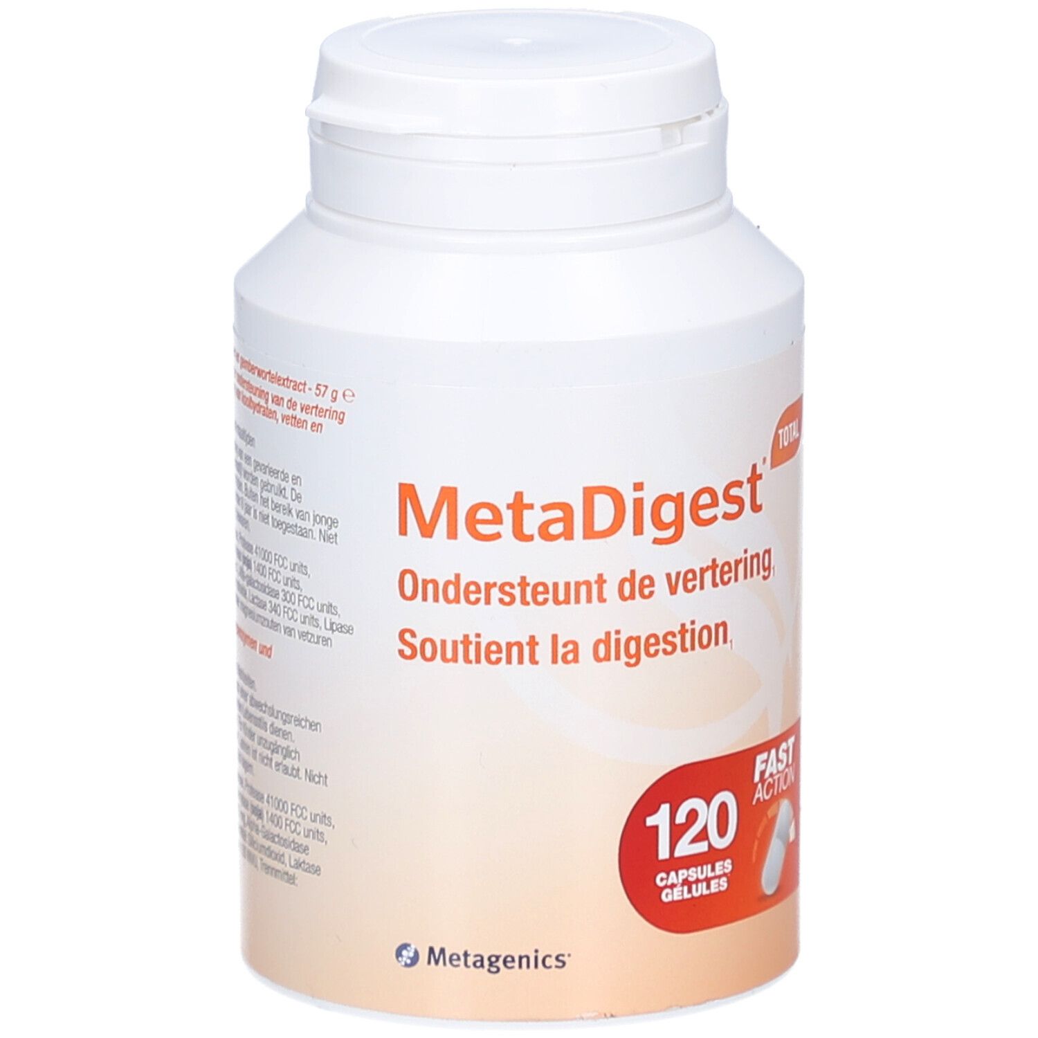 Weiße Flasche mit MetaDigest-Etikett. 120 Kapseln. Metagenics-Logo. Text: Ondersteunt de vertering, Soutient la digestion.