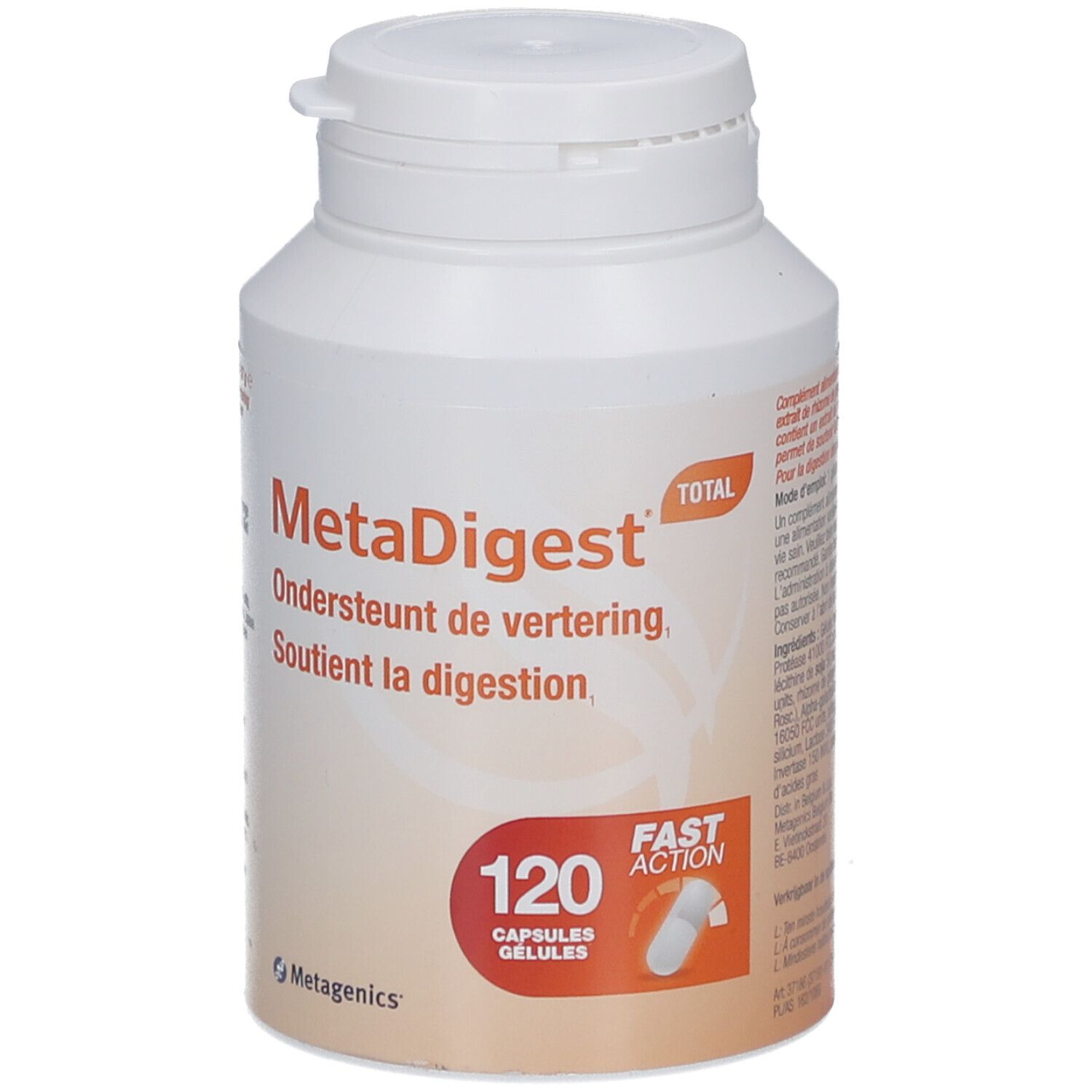 Weiße Flasche mit MetaDigest-Etikett. 120 Kapseln. Metagenics-Logo. Text: Ondersteunt de vertering, Soutient la digestion.