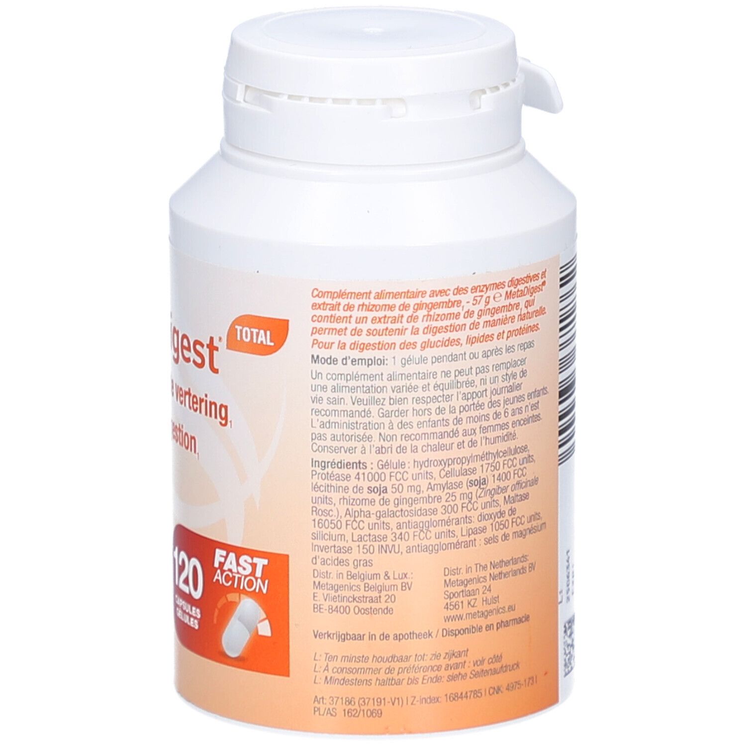 Rückseite der weißen Flasche. Text: MetaDigest, Ondersteunt de vertering, Soutient la digestion. Inhaltsstoffe und Nährwertangaben.