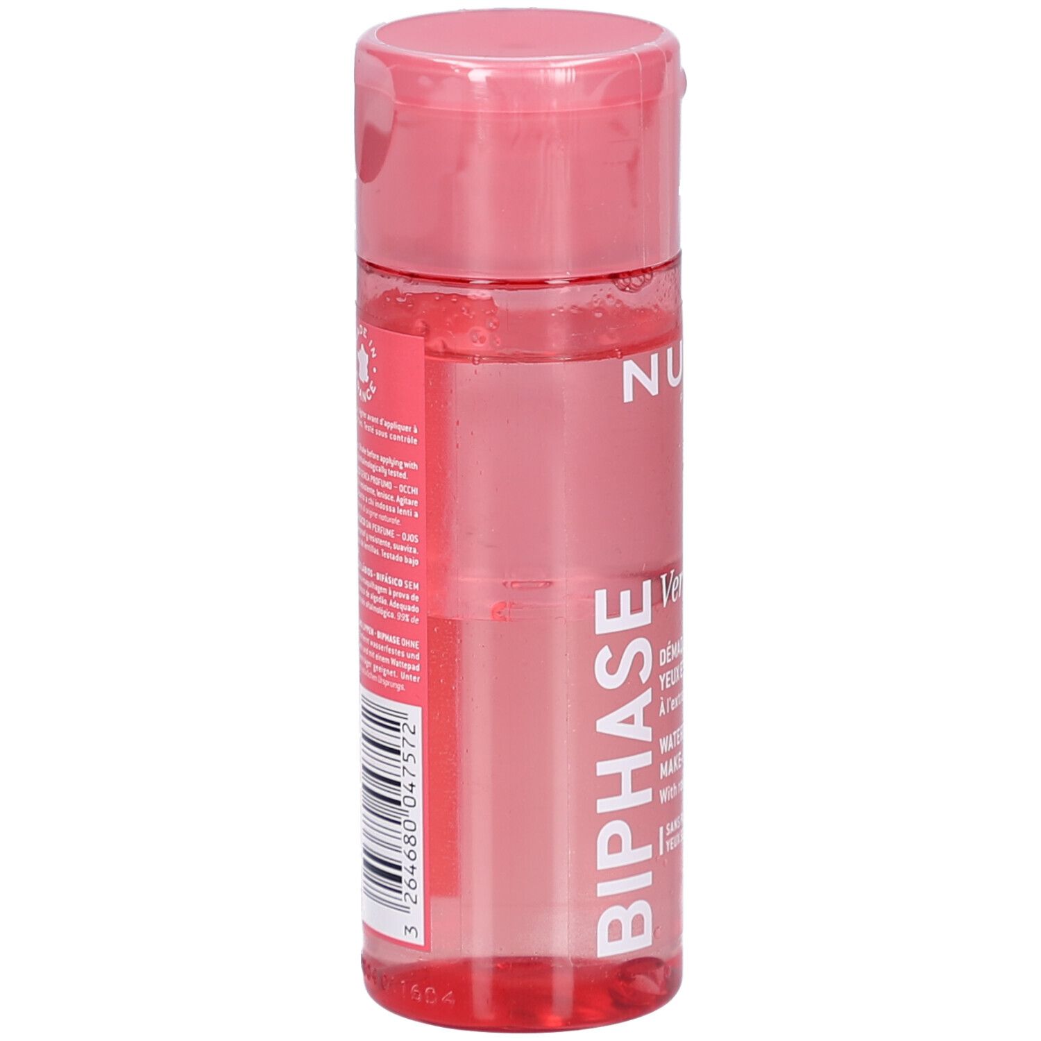 Transparente Flasche mit rosa Flüssigkeit. Aufschrift: NUXE, Very rose, Biphasé. Barcode und Text auf der Rückseite.