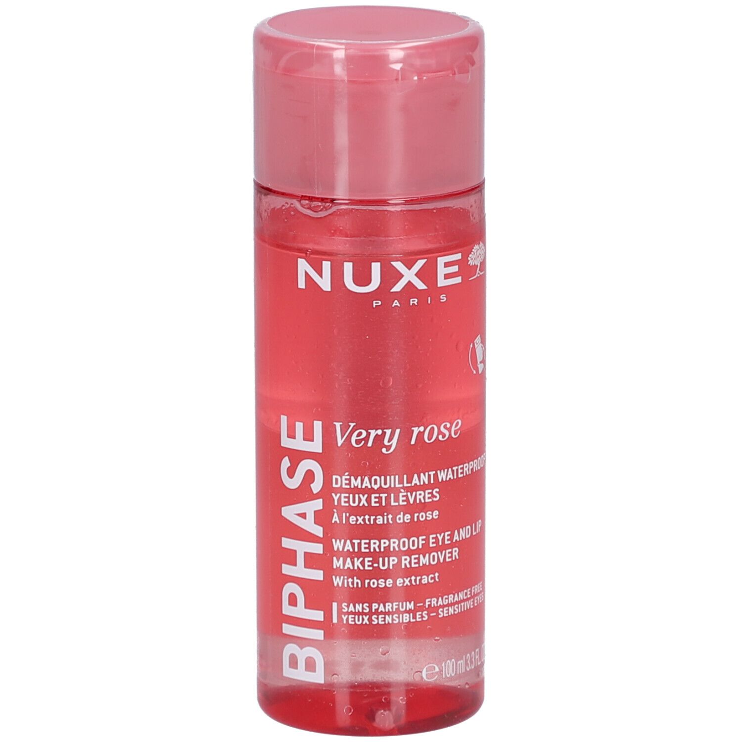 Transparente Flasche mit rosa Flüssigkeit. Aufschrift: NUXE, Very rose, Biphasé, Démaquillant Yeux et Lèvres Waterproof.