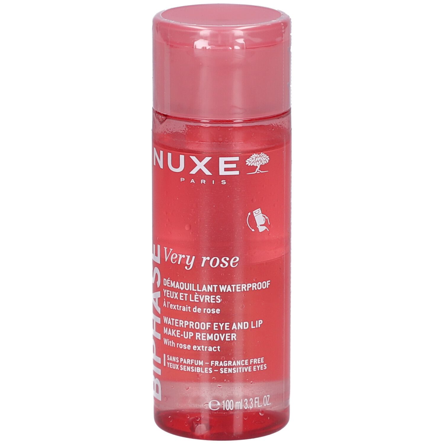 Transparente Flasche mit rosa Flüssigkeit. Aufschrift: NUXE, Very rose, Biphasé, Démaquillant Yeux et Lèvres Waterproof.