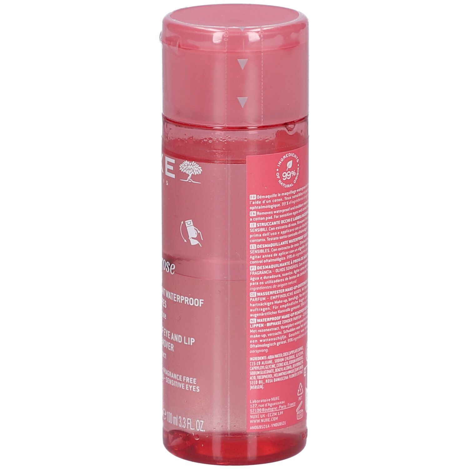 Transparente Flasche mit rosa Flüssigkeit. Aufschrift: NUXE, Very rose, Biphasé. Text und Logos auf der Rückseite.