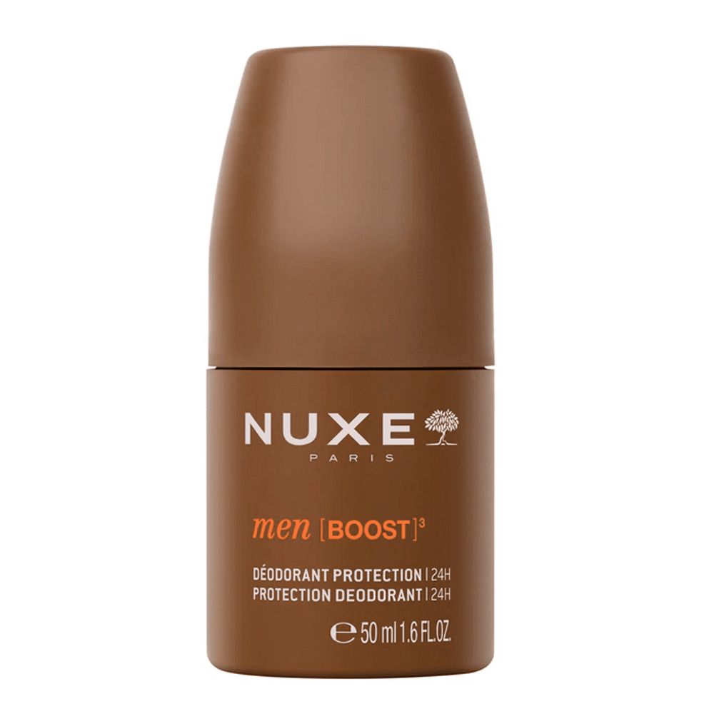 Déodorant roll-on marron. Inscription: NUXE, men BOOST, protection 24H. 50 ml.