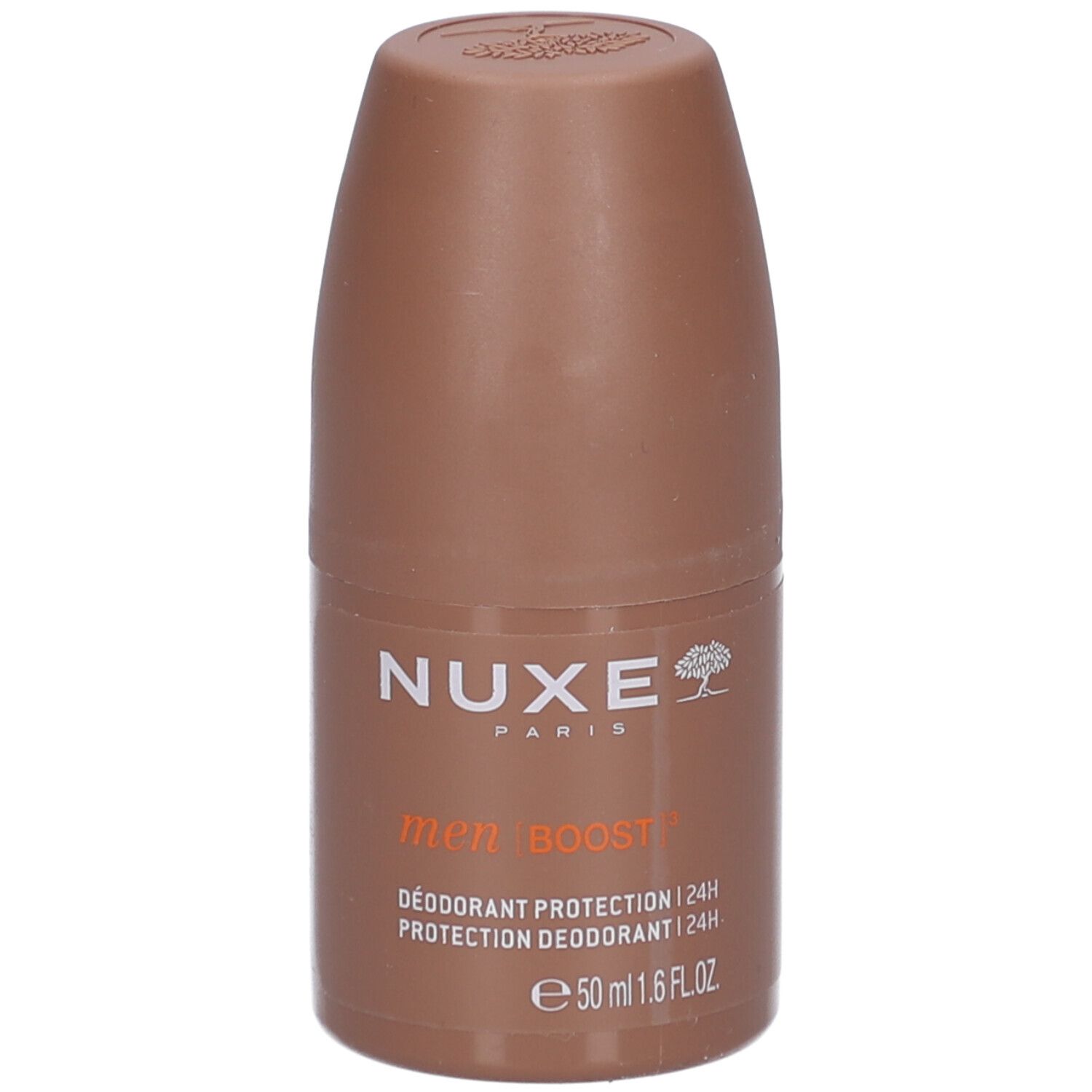 Brauner Roll-On-Deodorant. Aufschrift: NUXE, men BOOST, 24H Schutz. 50 ml.