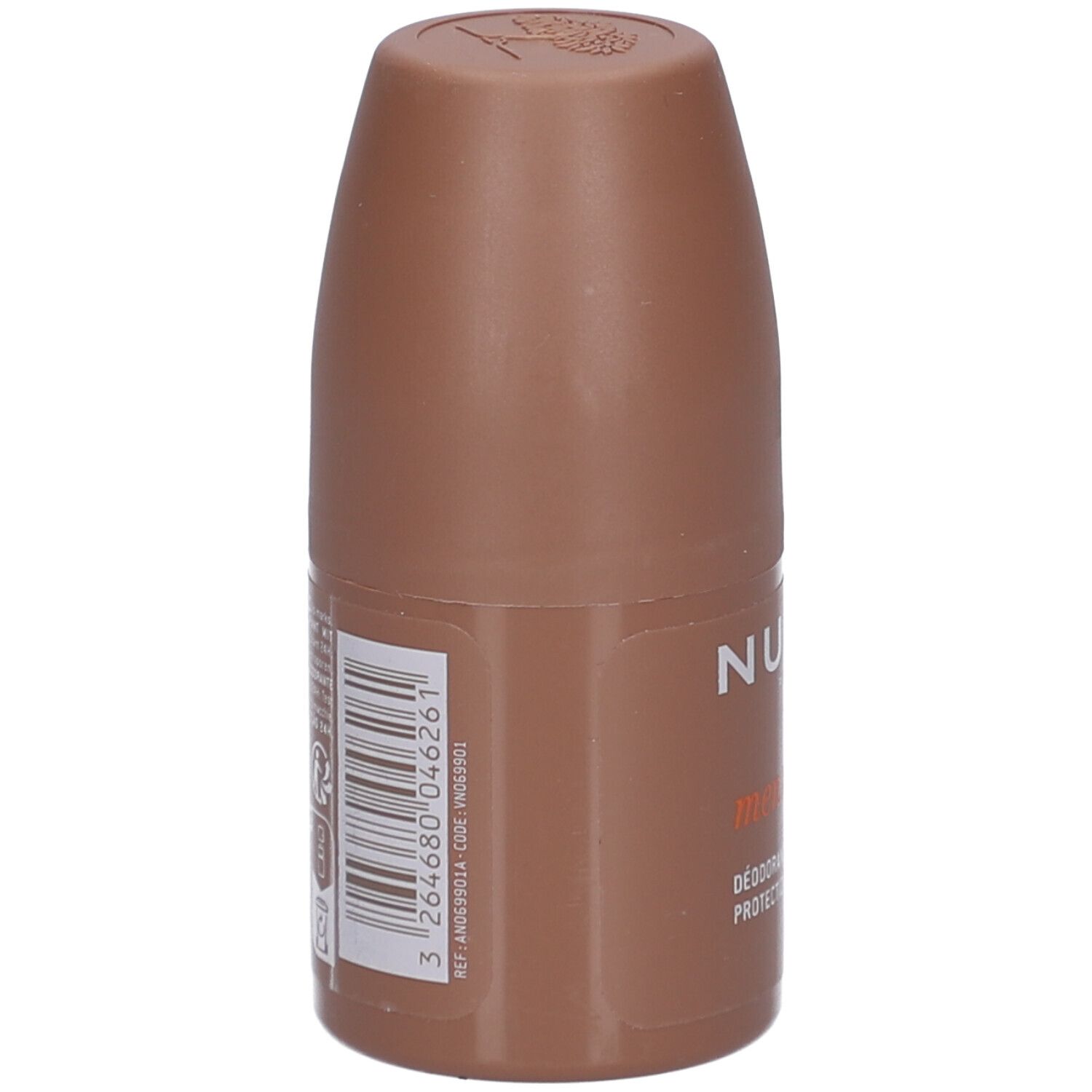 Brauner Roll-On-Deodorant. Barcode und Text auf der Rückseite.