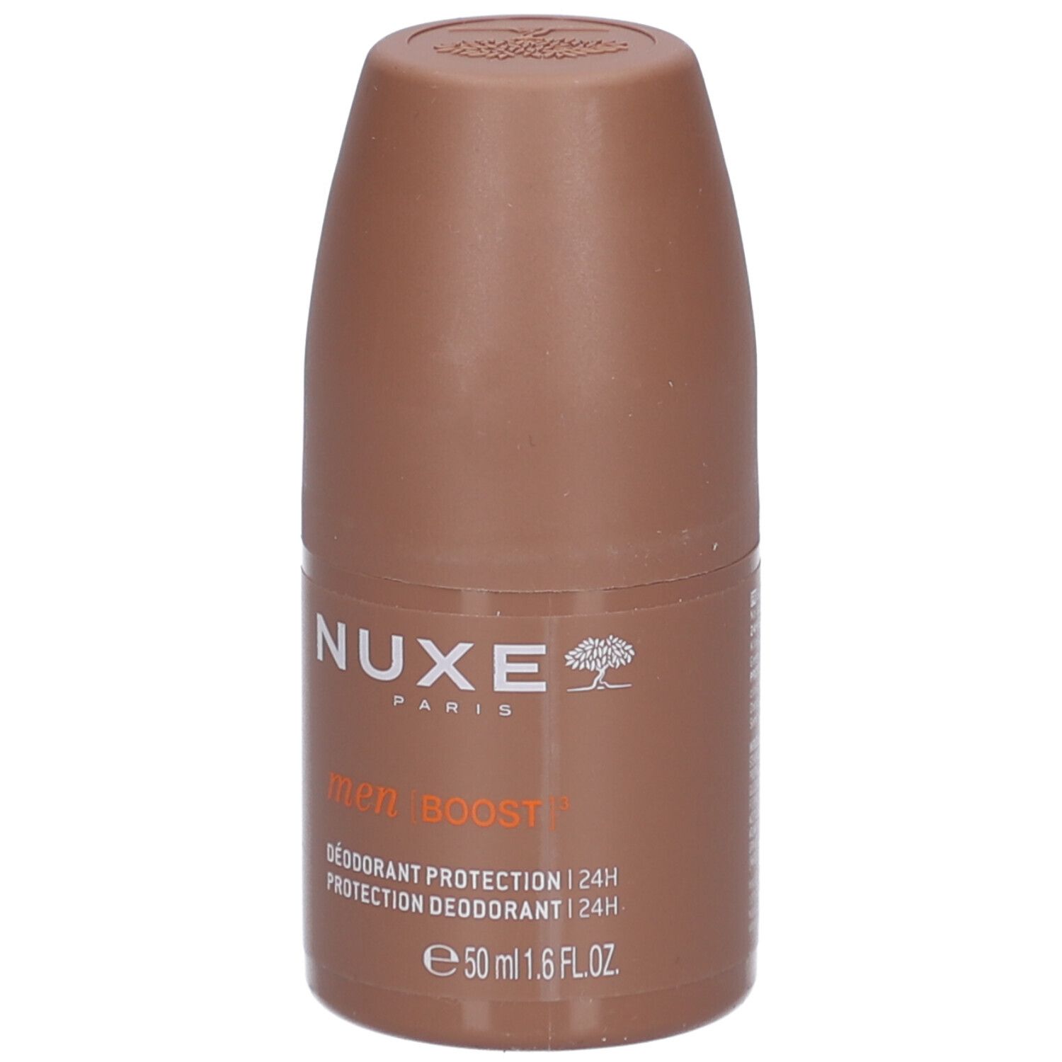 Brauner Roll-On-Deodorant. Aufschrift: NUXE, men BOOST, 24H Schutz. 50 ml.