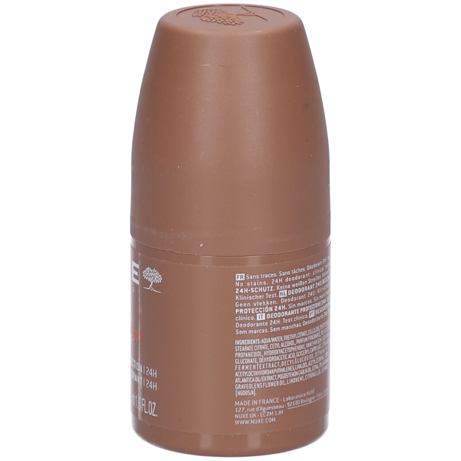 Brauner Roll-On-Deodorant. Text auf der Rückseite, Inhaltsstoffe.