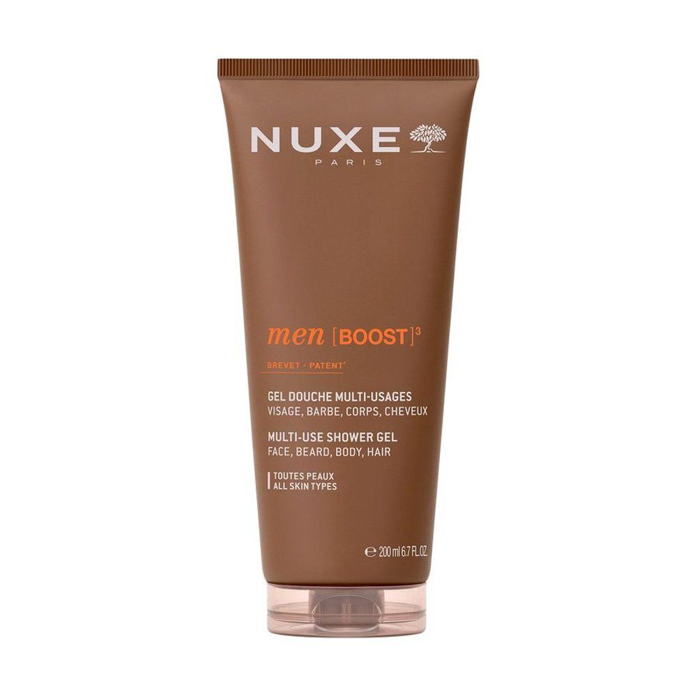 Tube Nuxe Men Boost Gel Douche Multi-Usages, marron, avec bouchon transparent.