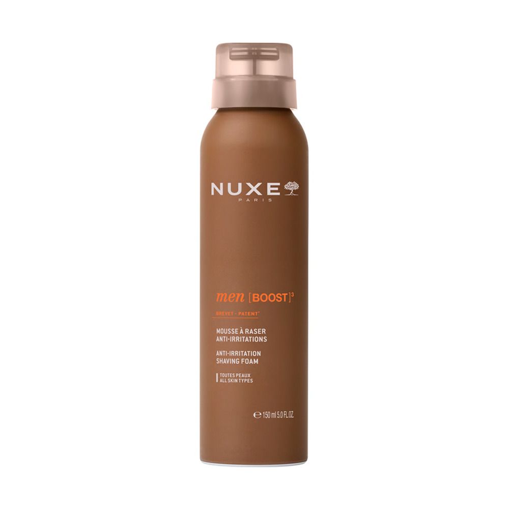 Flacon marron avec bouchon pulvérisateur. Inscription: NUXE, men [BOOST], Mousse à raser, Anti-Irritations, 150 ml.