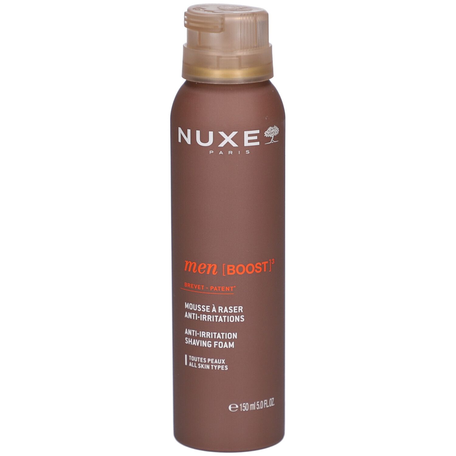Braune Dose mit Sprühkopf. Aufschrift: NUXE, men [BOOST], Mousse à raser, Anti-Irritations, 150 ml.