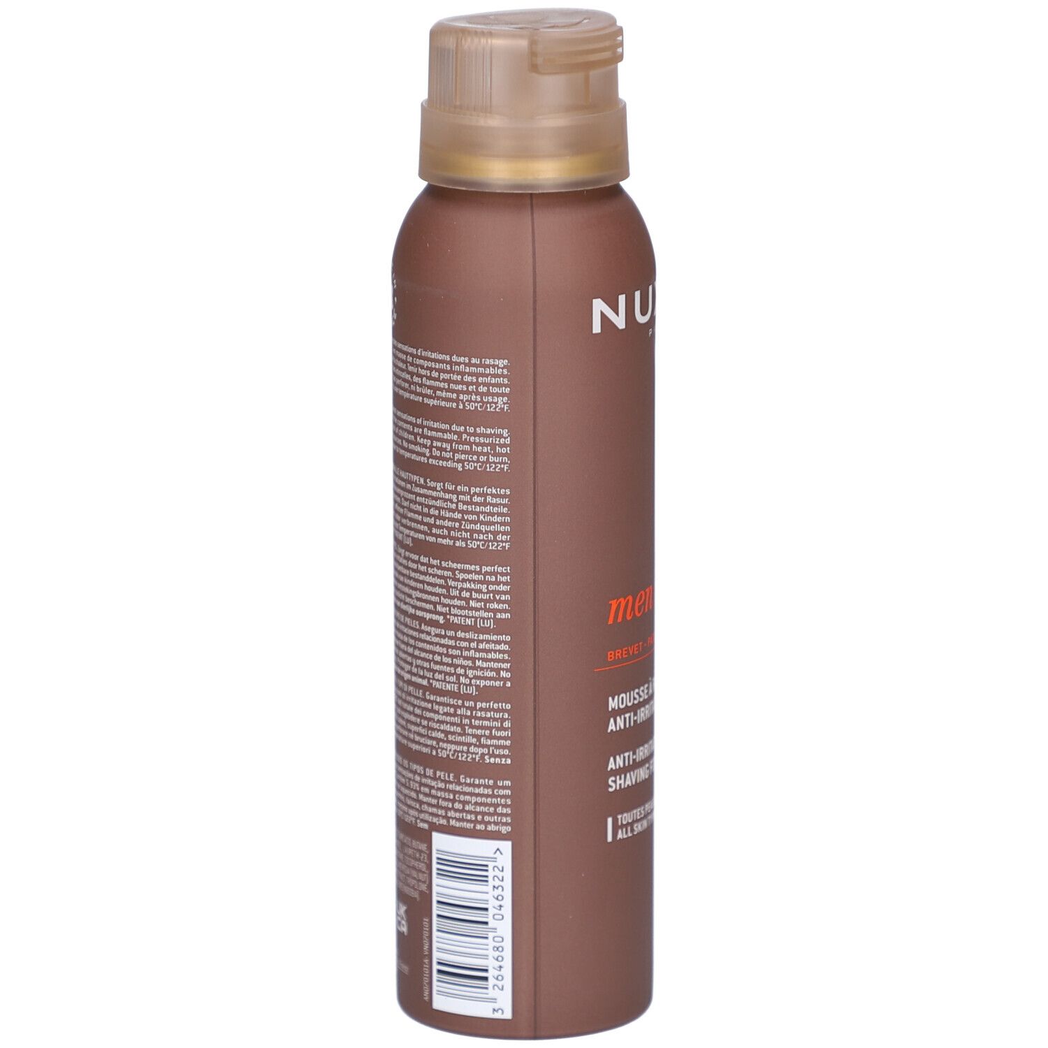 Braune Dose mit Text. Aufschrift: NUXE, men [BOOST], Mousse à raser, Anti-Irritations, 150 ml. Rückseite mit Text.
