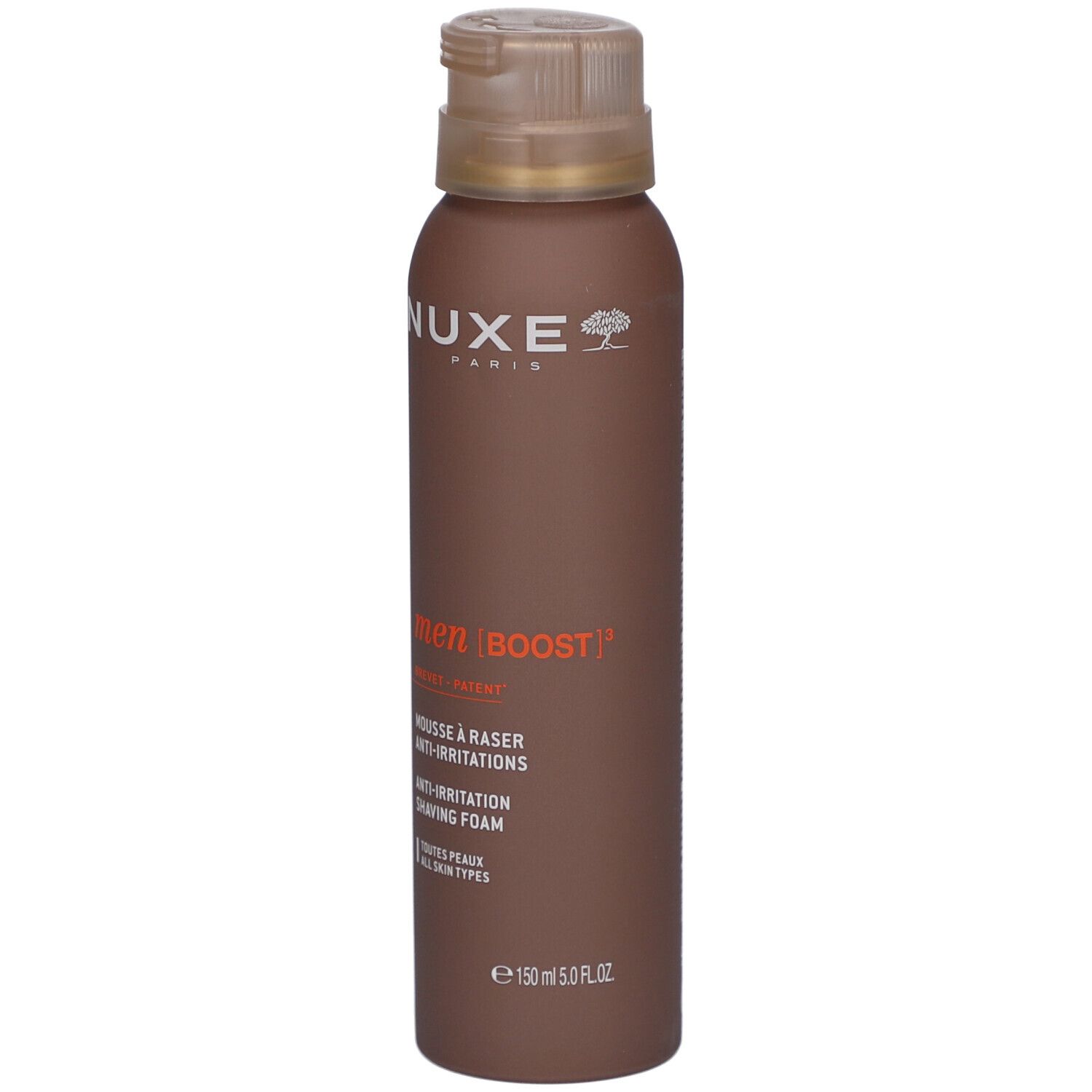 Braune Dose mit Sprühkopf. Aufschrift: NUXE, men [BOOST], Mousse à raser, Anti-Irritations, 150 ml.