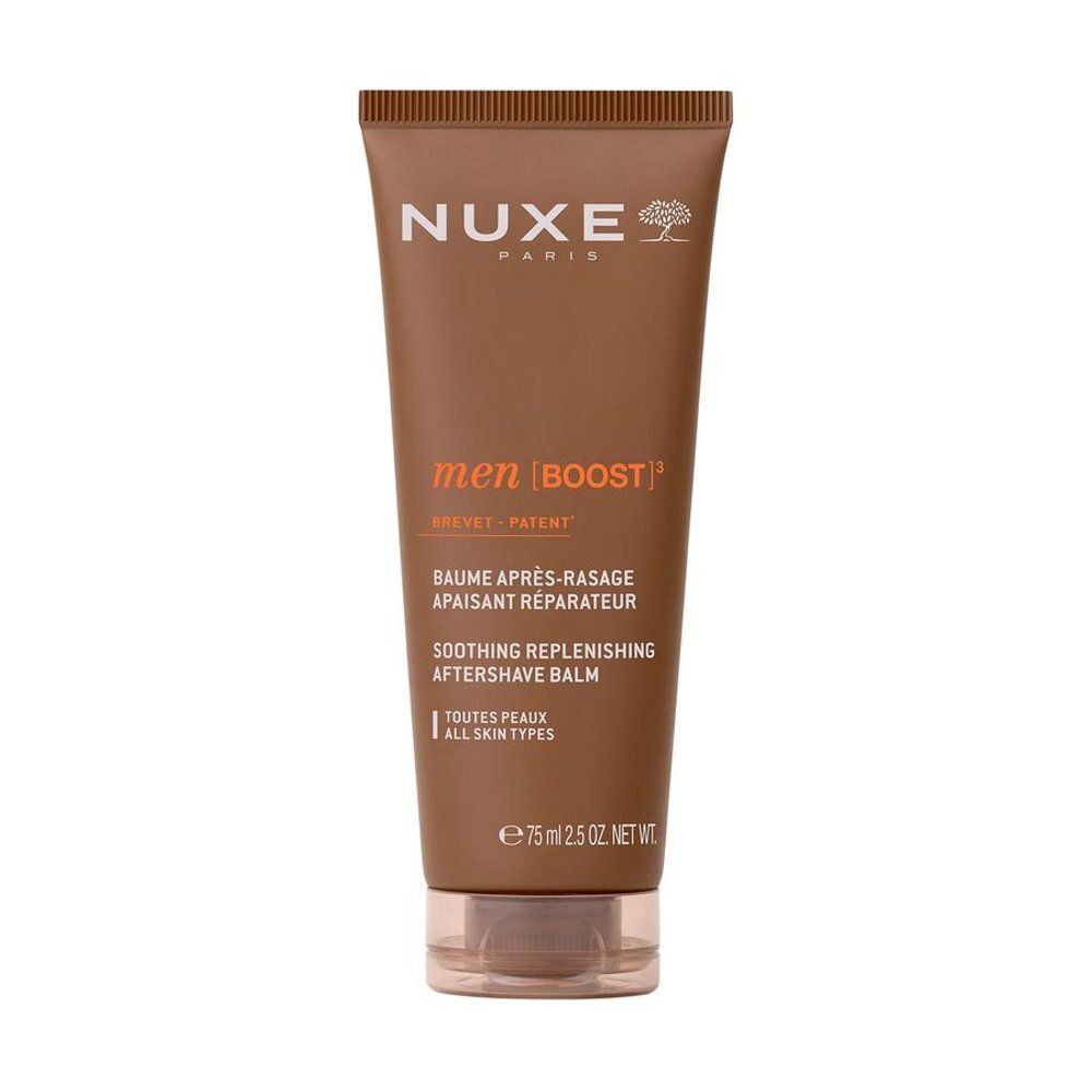 Nuxe Men [BOOST]³ Baume après-rasage dans un tube marron avec bouchon transparent. Contient 75 ml.
