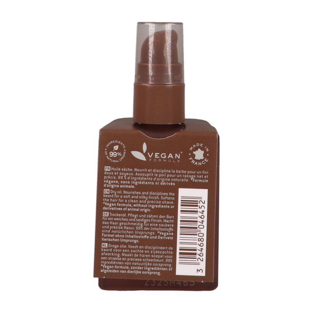 Braune Flasche mit Pumpe. Vegan-Logo und Text. Rückseite mit Produktinformationen.