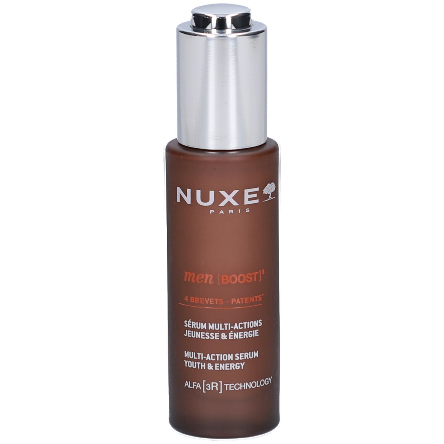 Braune Flasche mit silbernem Verschluss. Aufschrift: Nuxe, men | BOOST, Sérum Multi-Actions Jeunesse & Energie.