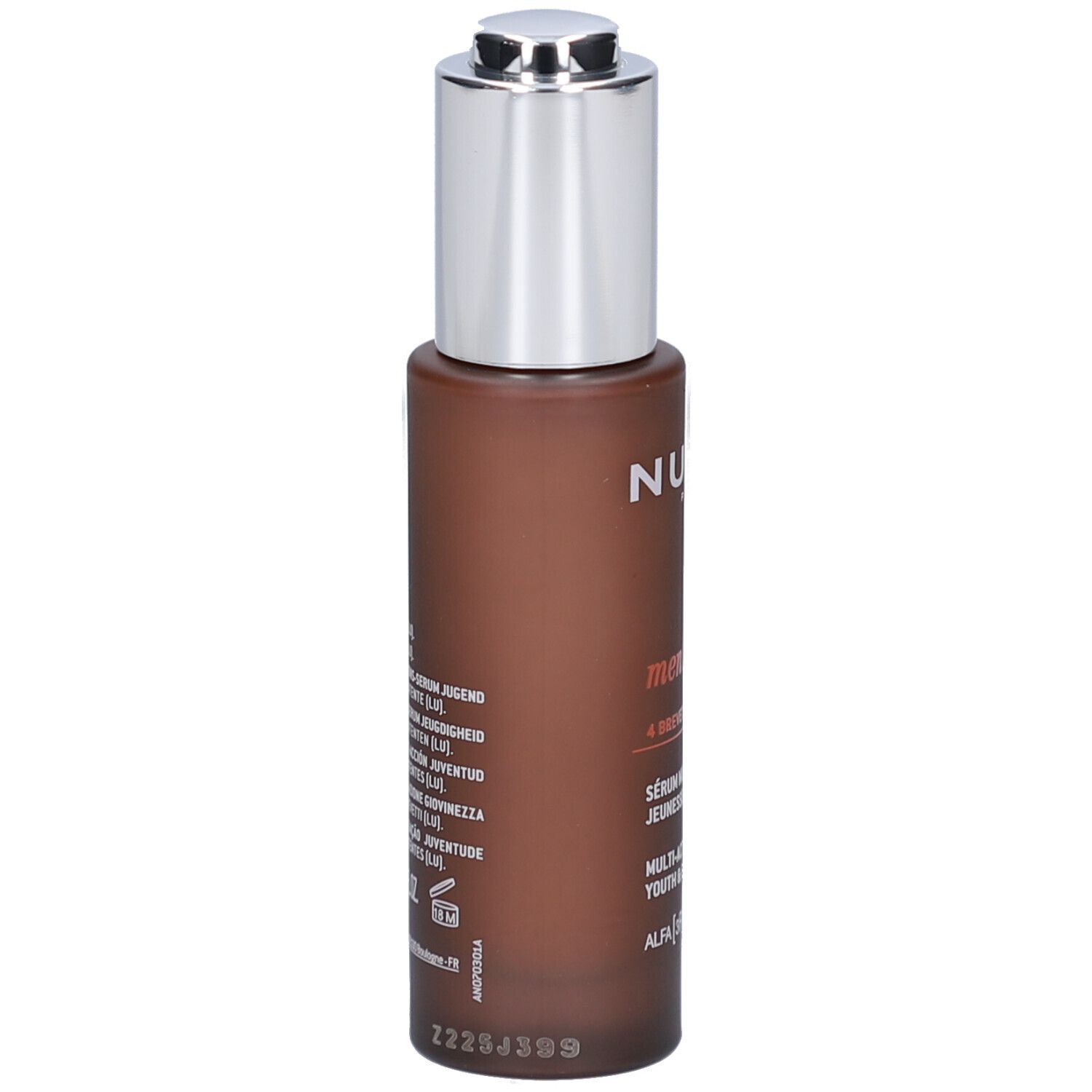 Braune Flasche mit silbernem Verschluss. Text in mehreren Sprachen. Aufschrift: Nuxe, men | BOOST.