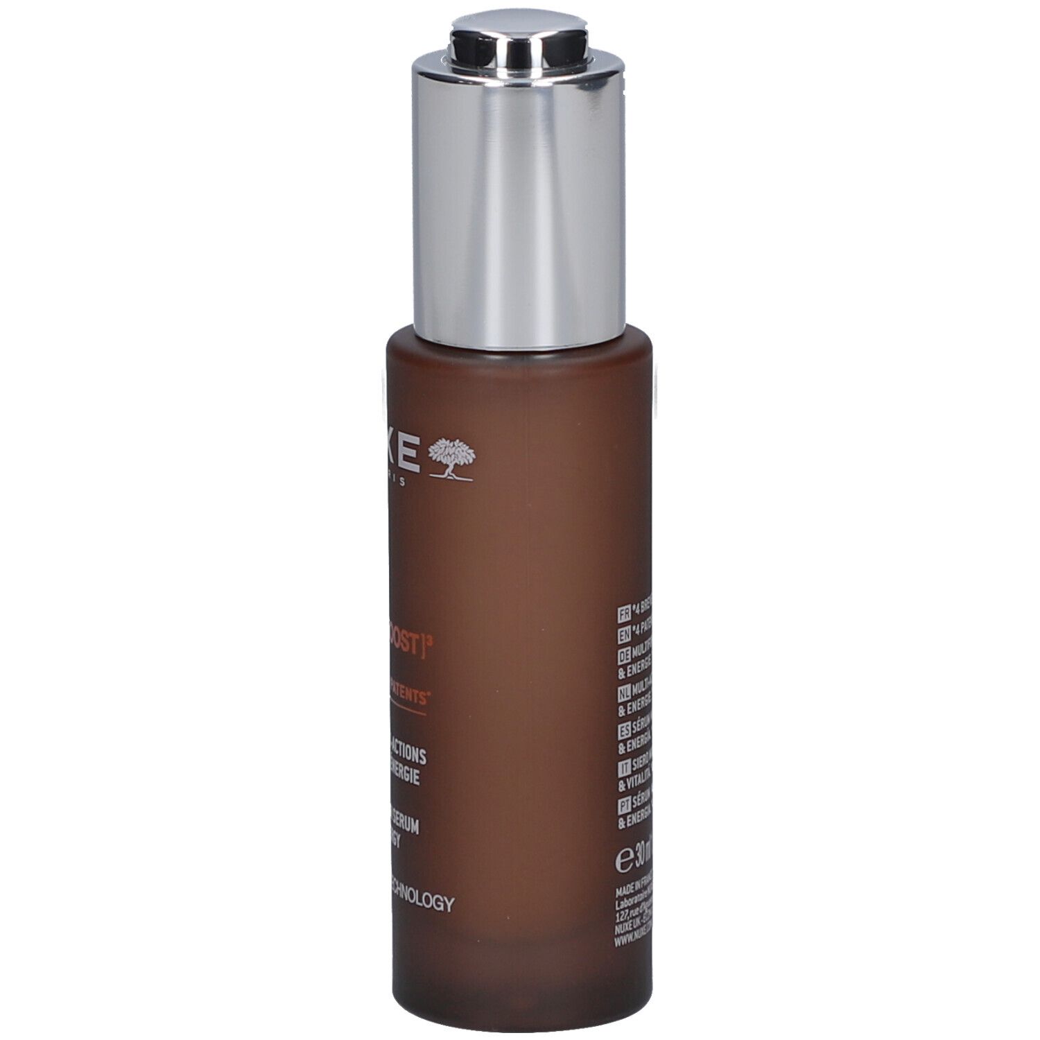 Braune Flasche mit silbernem Verschluss. Aufschrift: Nuxe, men | BOOST, Sérum Multi-Actions Jeunesse & Energie.