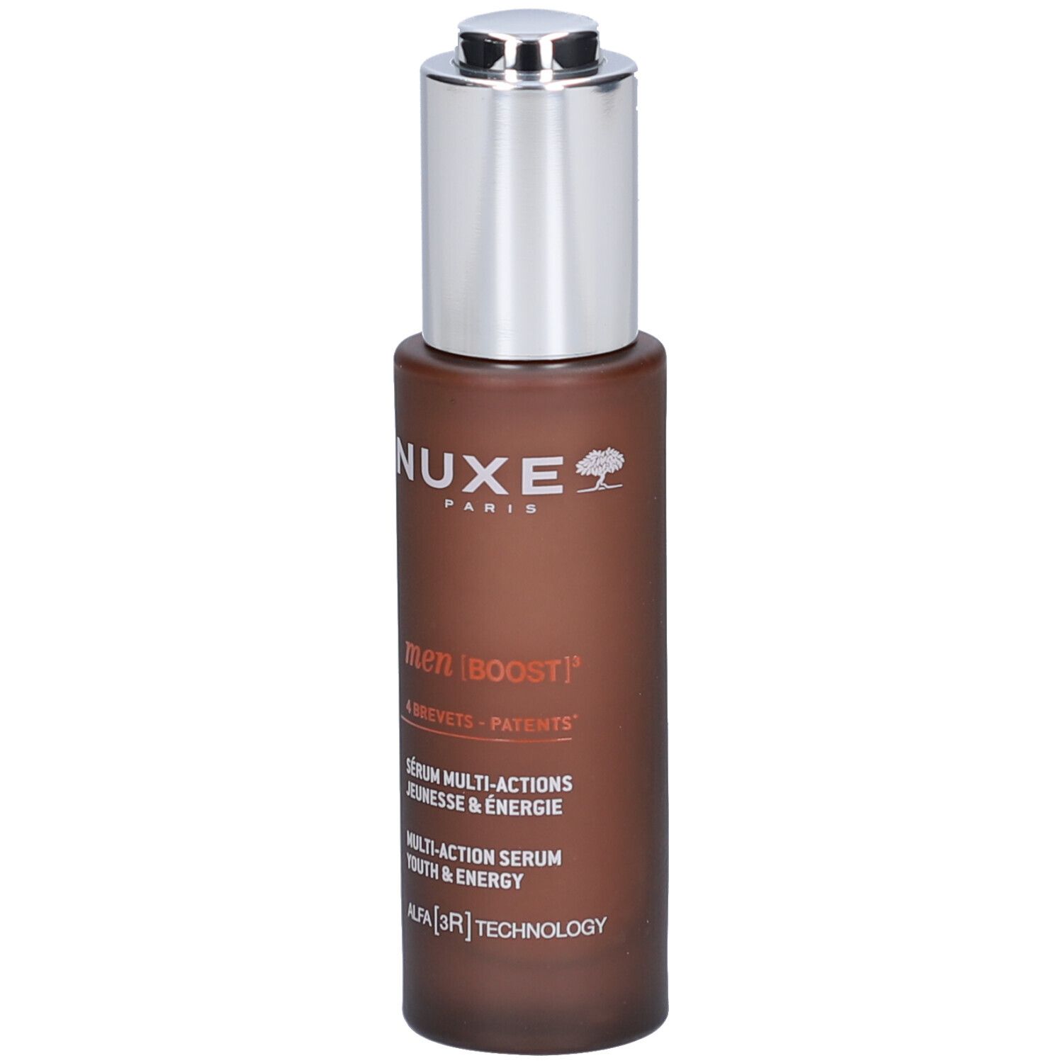 Braune Flasche mit silbernem Verschluss. Aufschrift: Nuxe, men | BOOST, Sérum Multi-Actions Jeunesse & Energie.