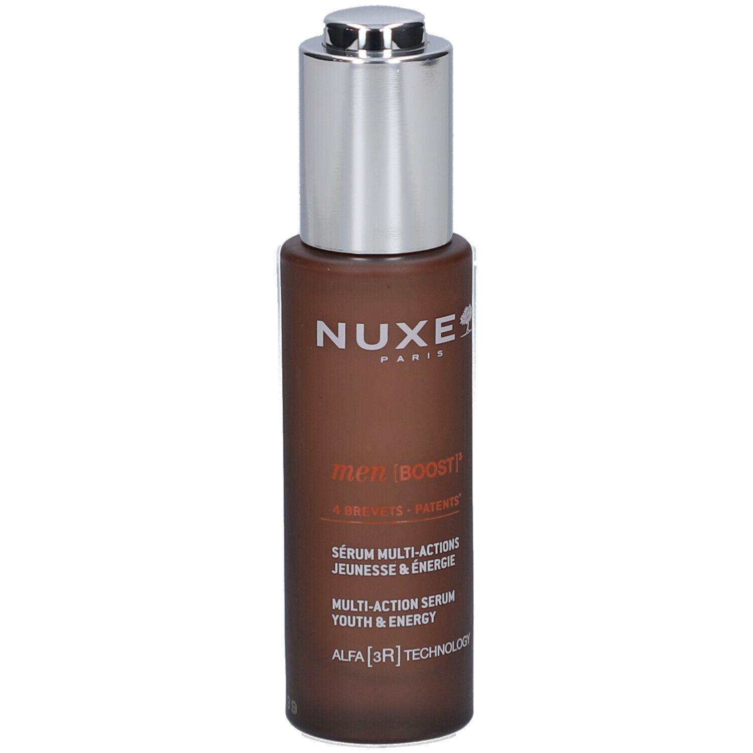 Braune Flasche mit silbernem Verschluss. Aufschrift: Nuxe, men | BOOST, Sérum Multi-Actions Jeunesse & Energie.