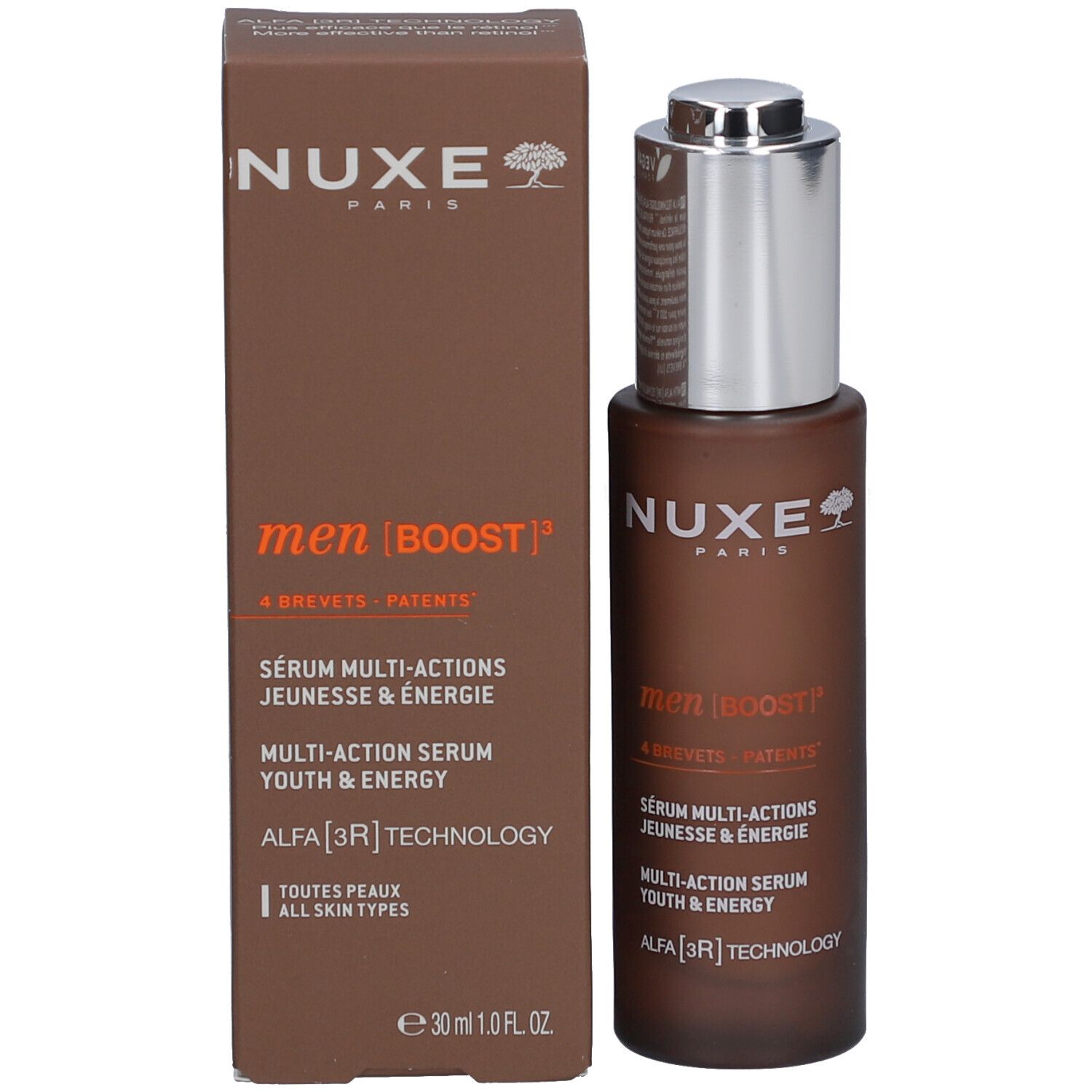 Produkt und Verpackung. Braune Flasche und Karton. Aufschrift: Nuxe, men | BOOST, Sérum Multi-Actions Jeunesse & Energie.