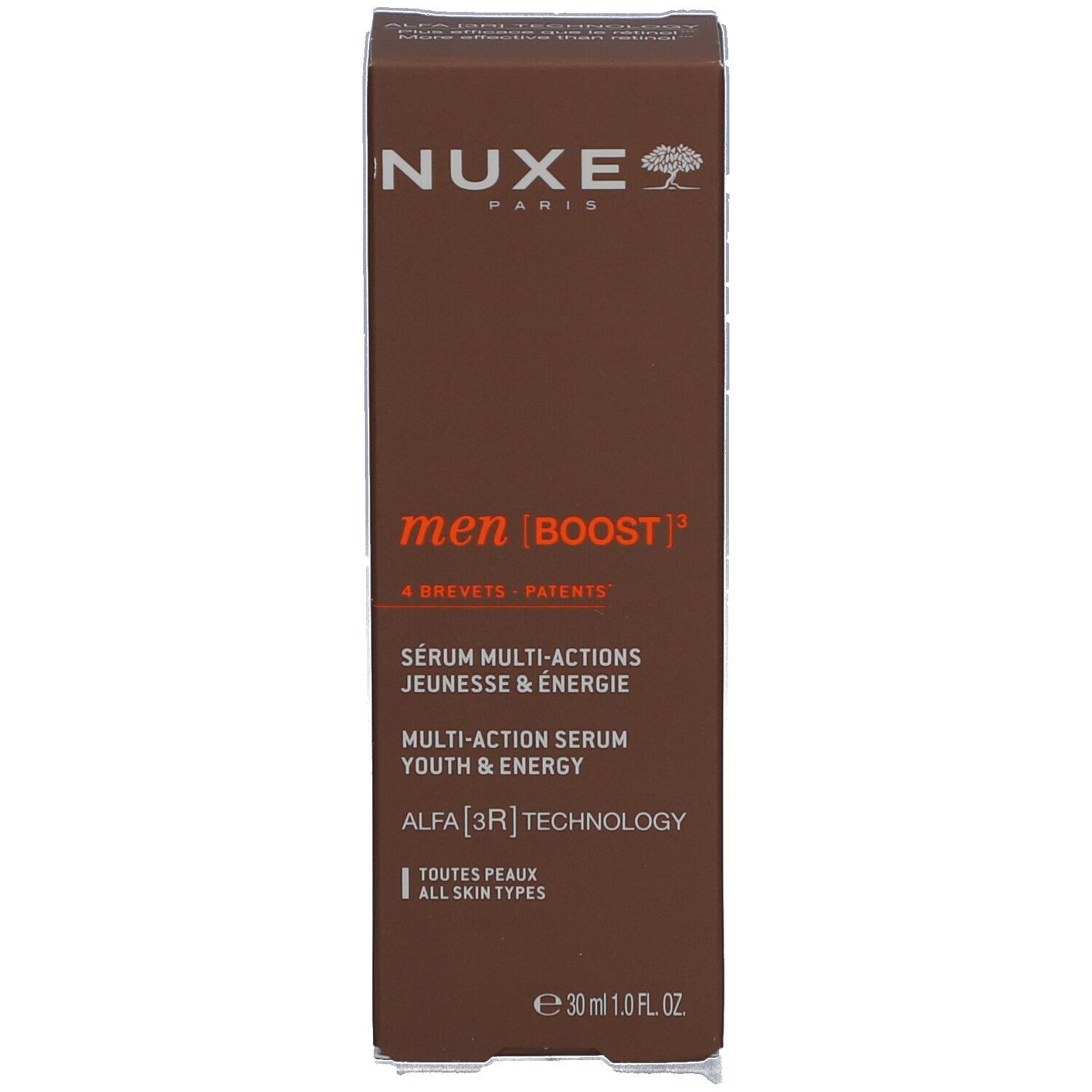 Kartonverpackung. Aufschrift: Nuxe, men | BOOST, Sérum Multi-Actions Jeunesse & Energie, 30 ml.