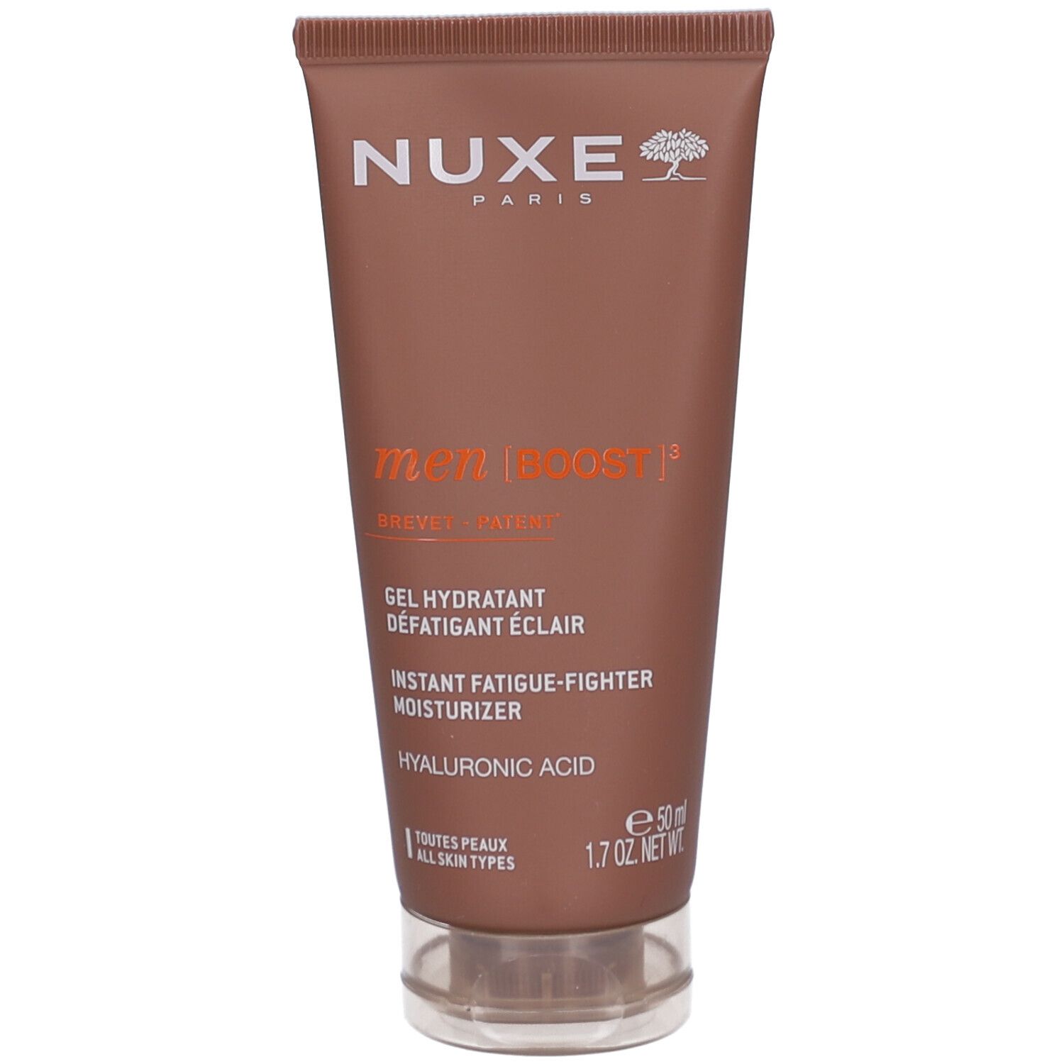 Braune Tube mit weißem Schriftzug Nuxe Paris, Produktname und Produktbeschreibung. Transparenter Verschluss.