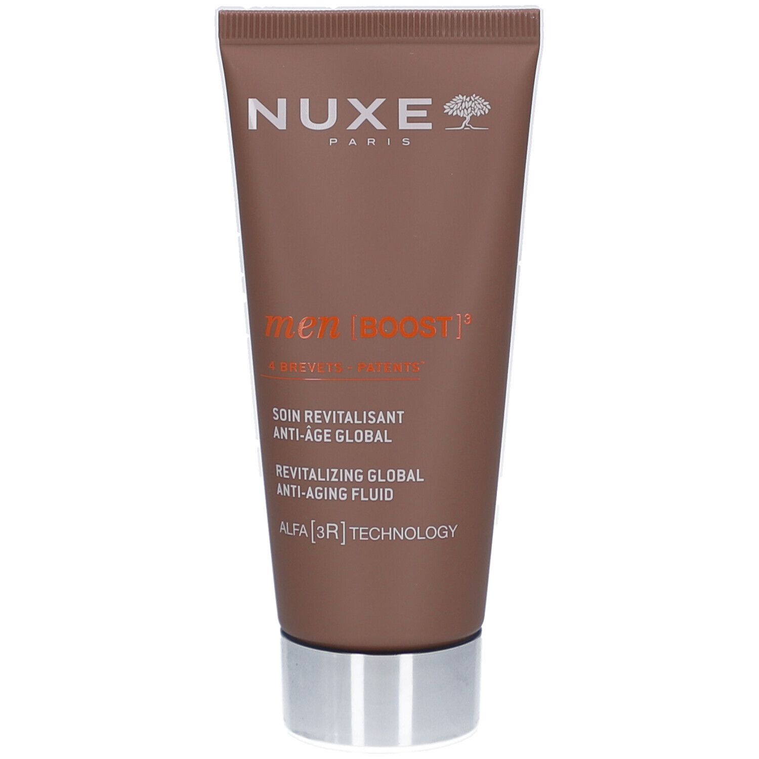 Braune Tube mit silberner Kappe. Aufschrift: Nuxe Paris, men [BOOST] und Produktinformationen.