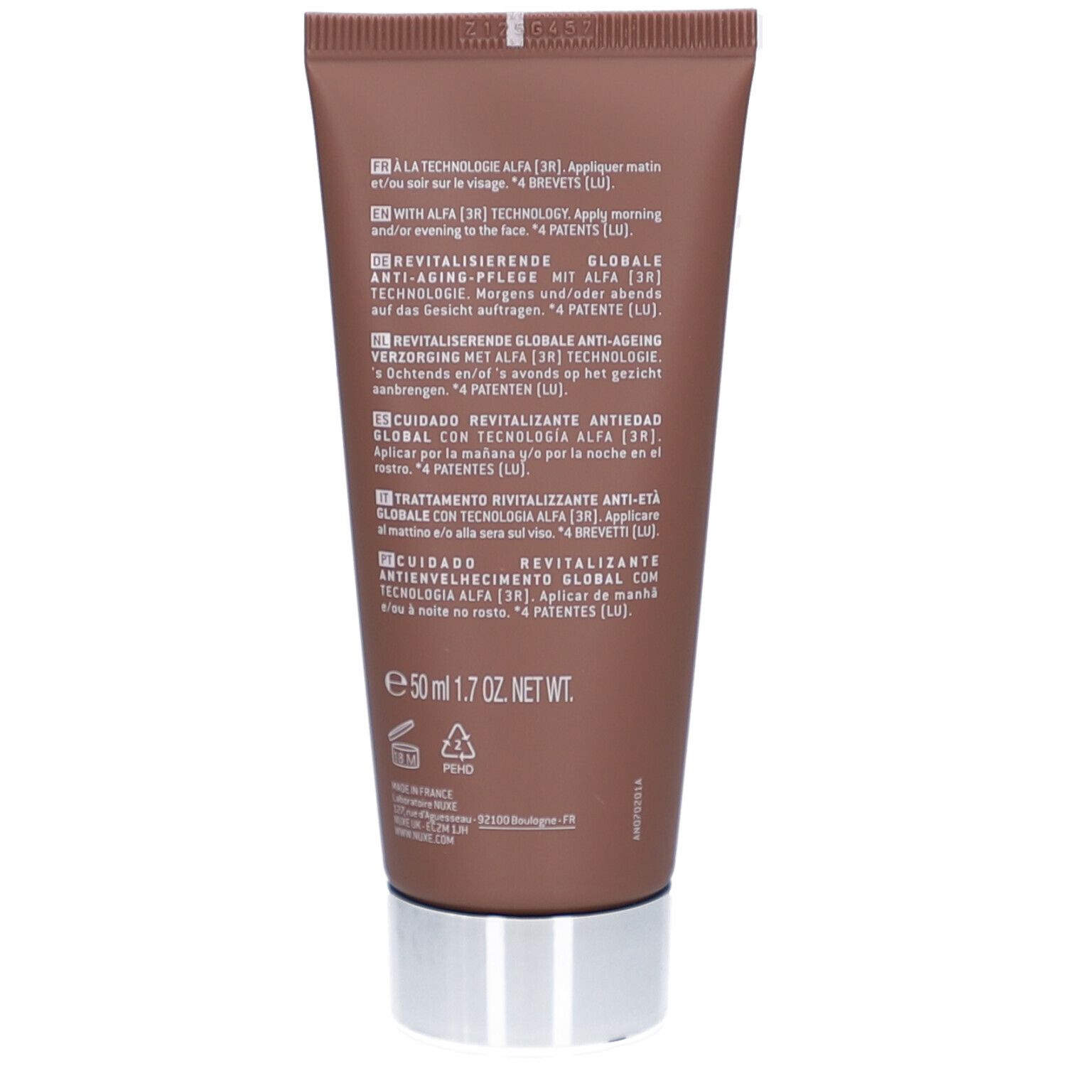 Rückseite der Tube. Mehrsprachige Produktinformationen und Inhaltsstoffe. Größe: 50 ml.