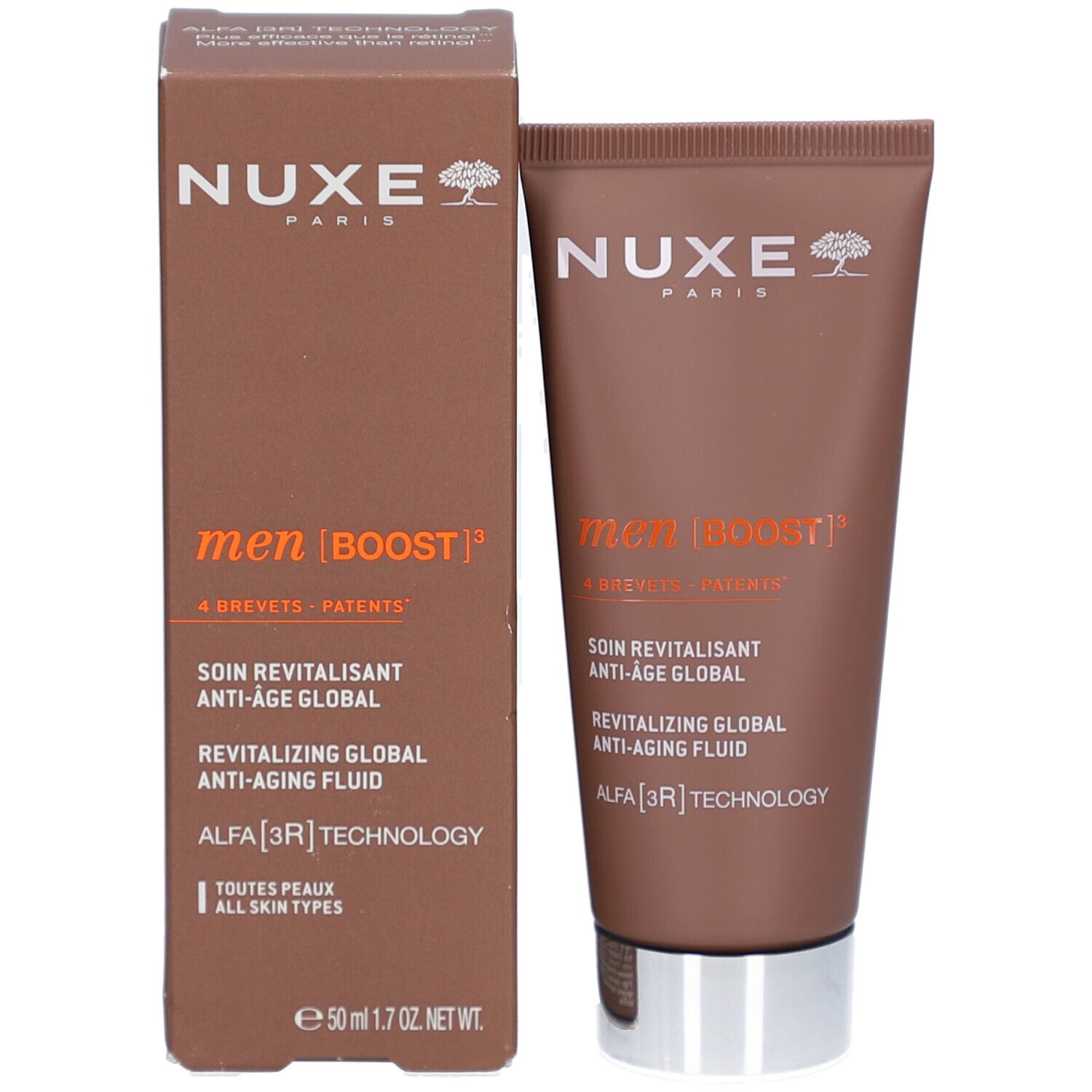 Produkt und Verpackung. Braune Schachtel und Tube. Aufschrift: Nuxe Paris, men [BOOST].