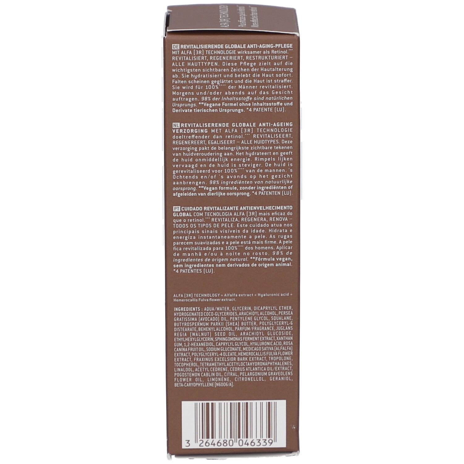 Rückseite der Schachtel. Mehrsprachige Produktinformationen und Inhaltsstoffe.