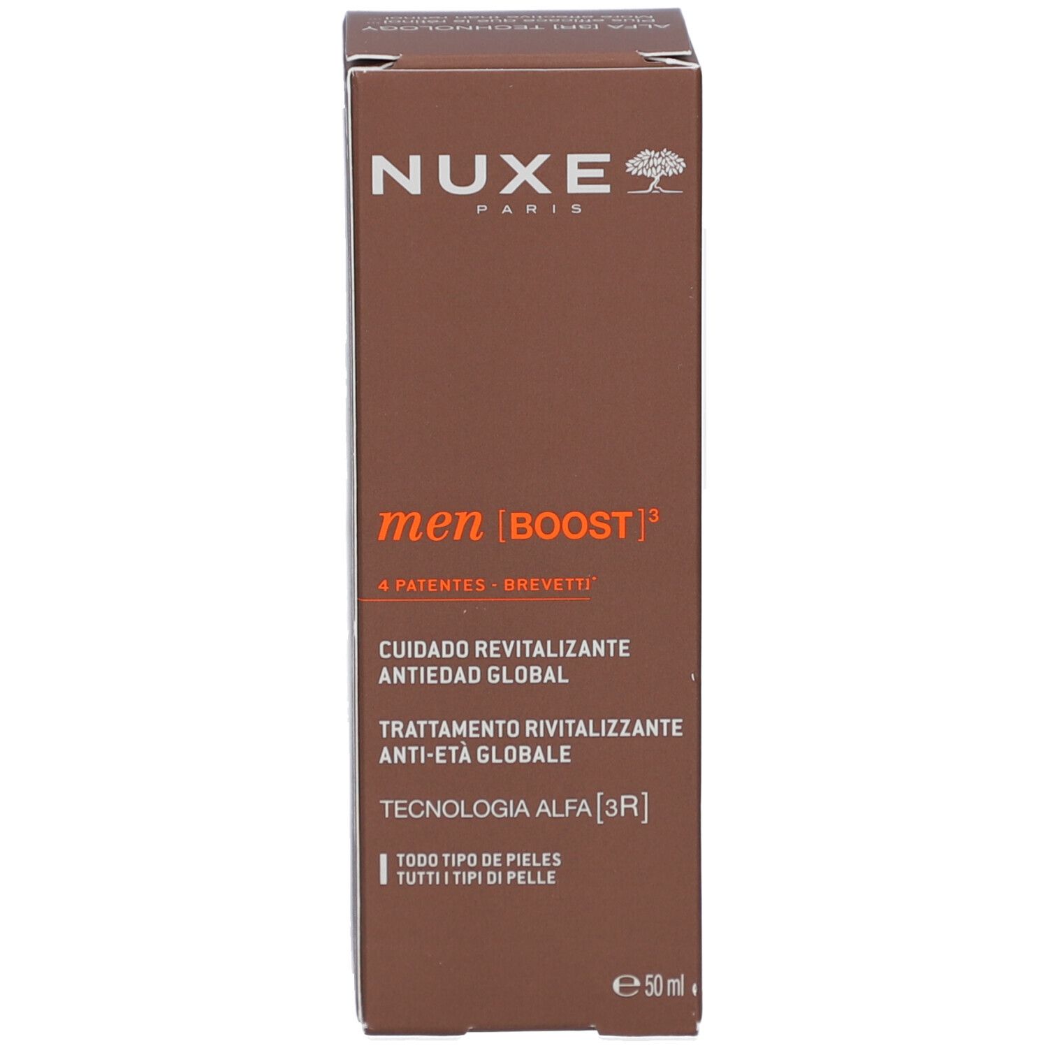 Braune Schachtel. Aufschrift: Nuxe Paris, men [BOOST], Produktinformationen in mehreren Sprachen.