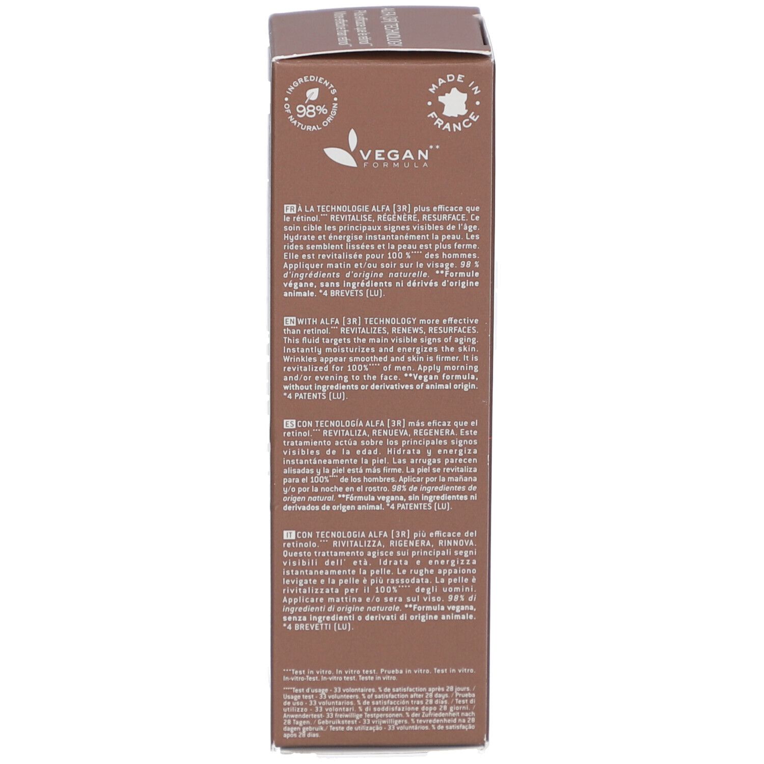 Rückseite der Schachtel. Vegan-Logo, Inhaltsstoffe und Produktinformationen in mehreren Sprachen.