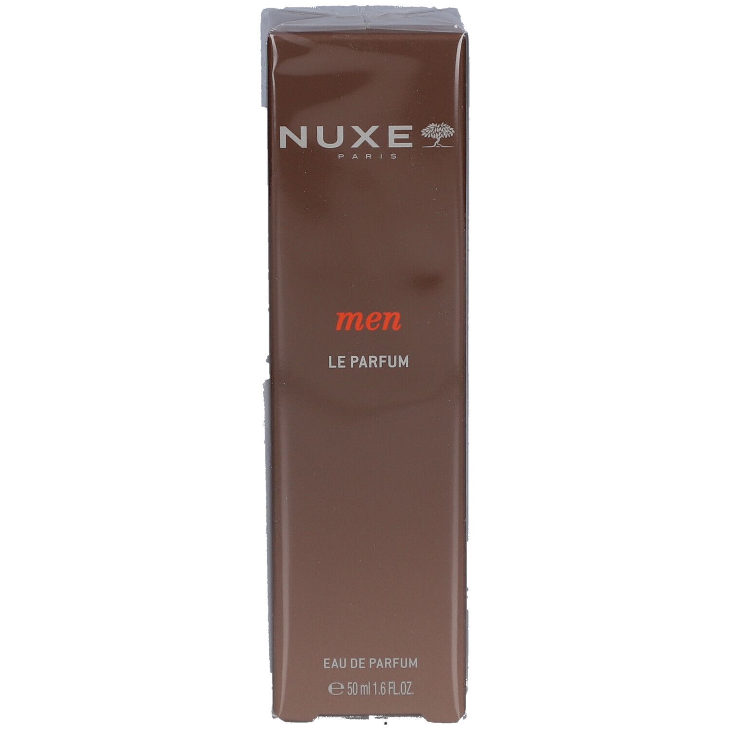Braune rechteckige Schachtel mit NUXE-Logo und Schriftzug "men Le Parfum".