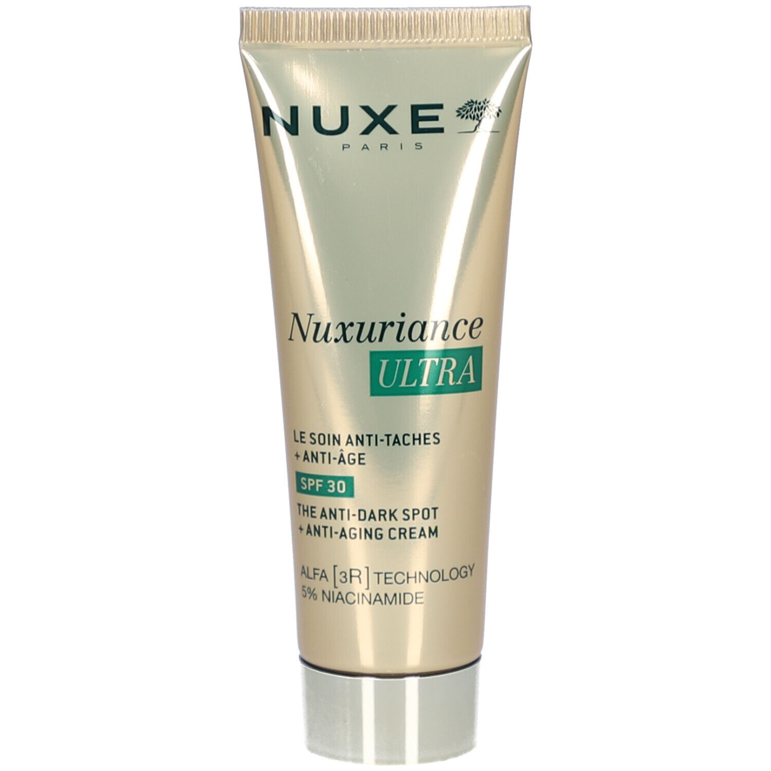 Goldfarbene Tube mit Produkt. Aufschrift: Nuxe, Nuxuriance Ultra, SPF 30. Text: Anti-Flecken, Anti-Age.
